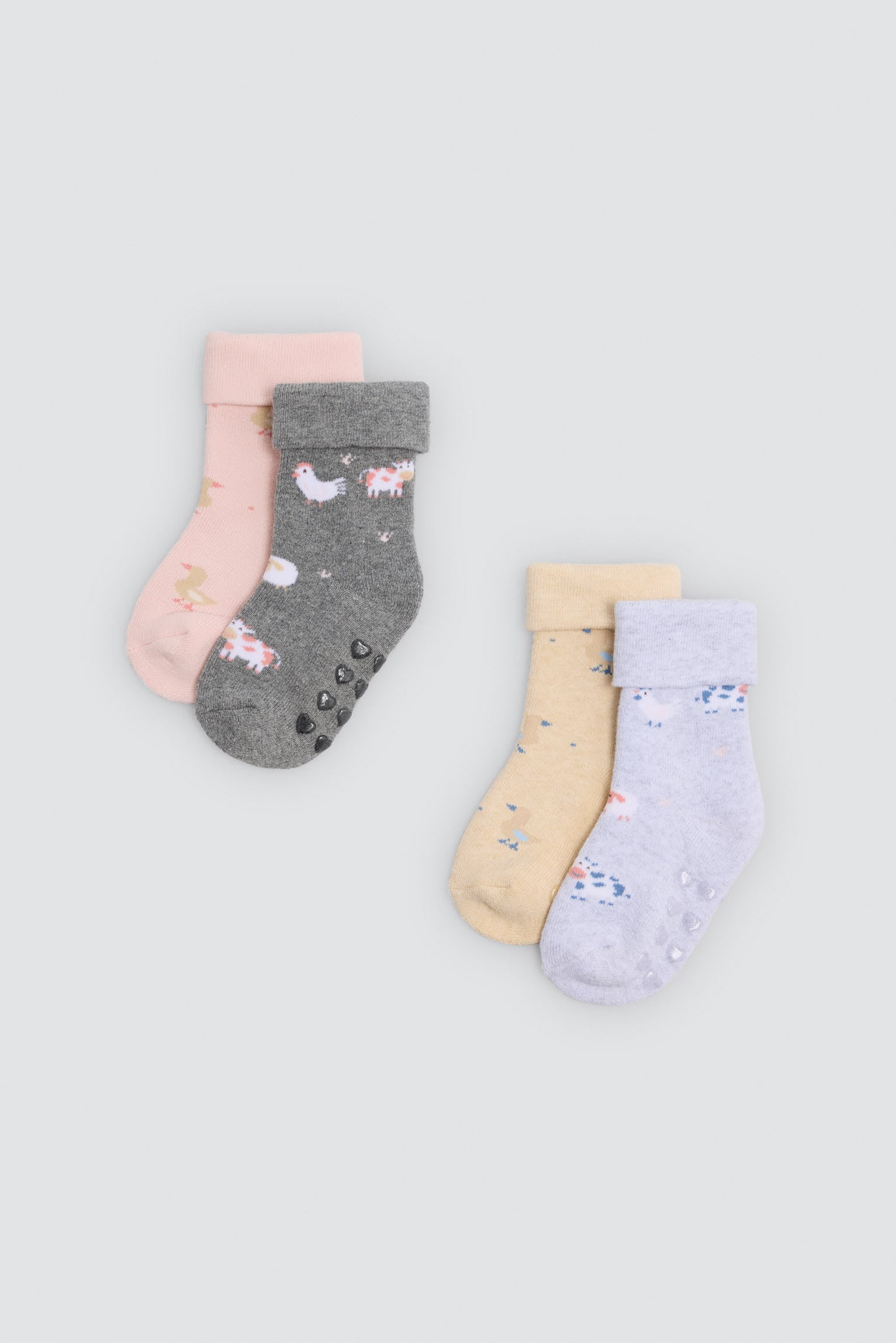 Pack of 4 baby thermal non-slip double-cuff socks with cow and duck prints