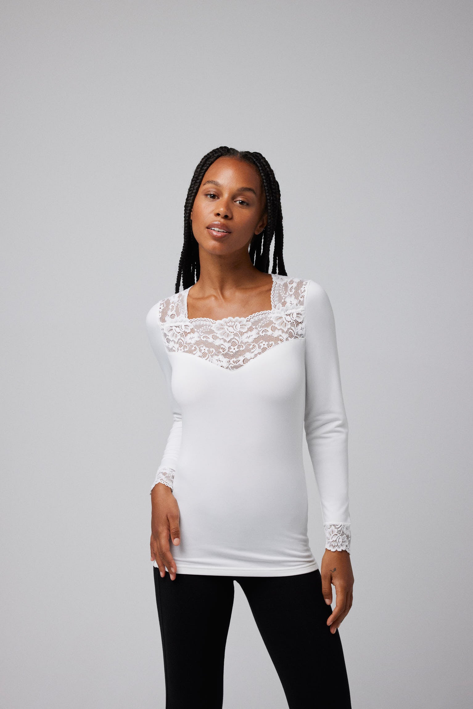 Ivory long sleeve lace thermal t-shirt