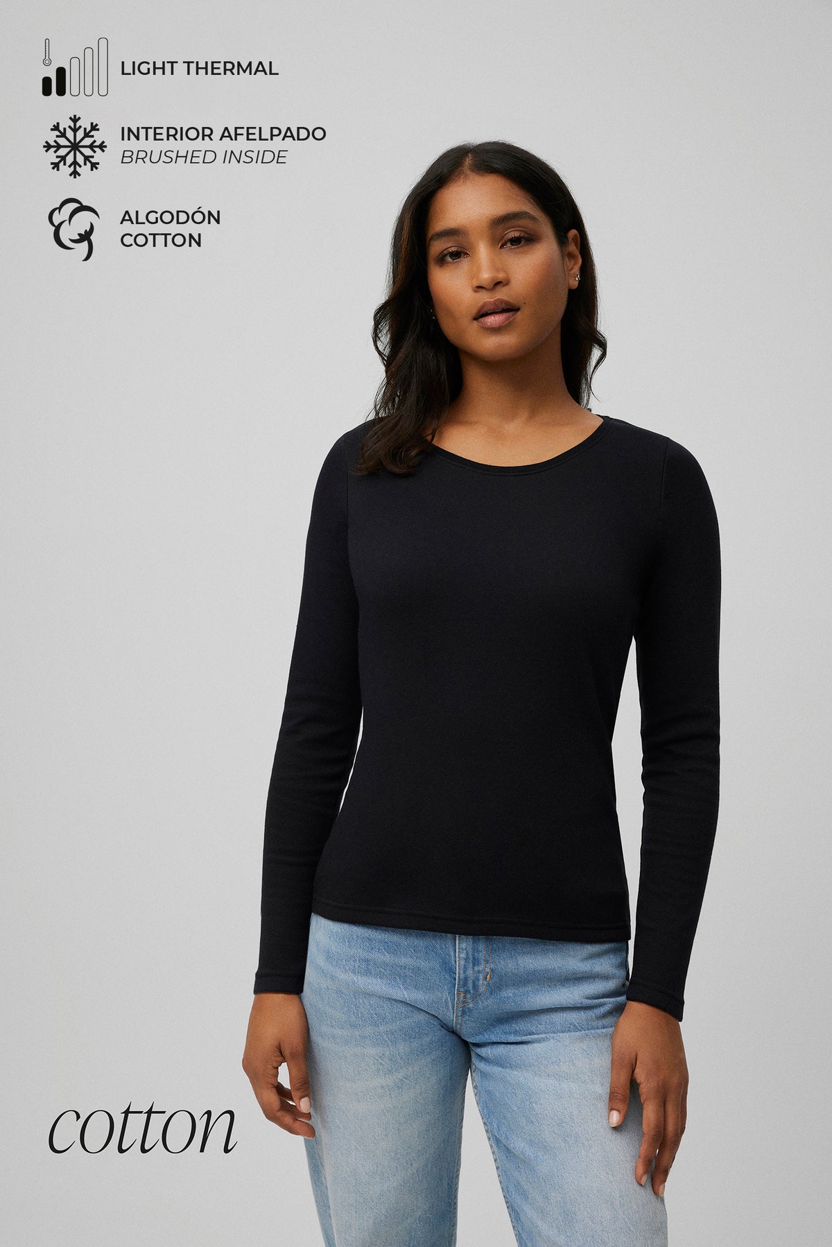 Warm cotton long sleeve round neck t-shirt black