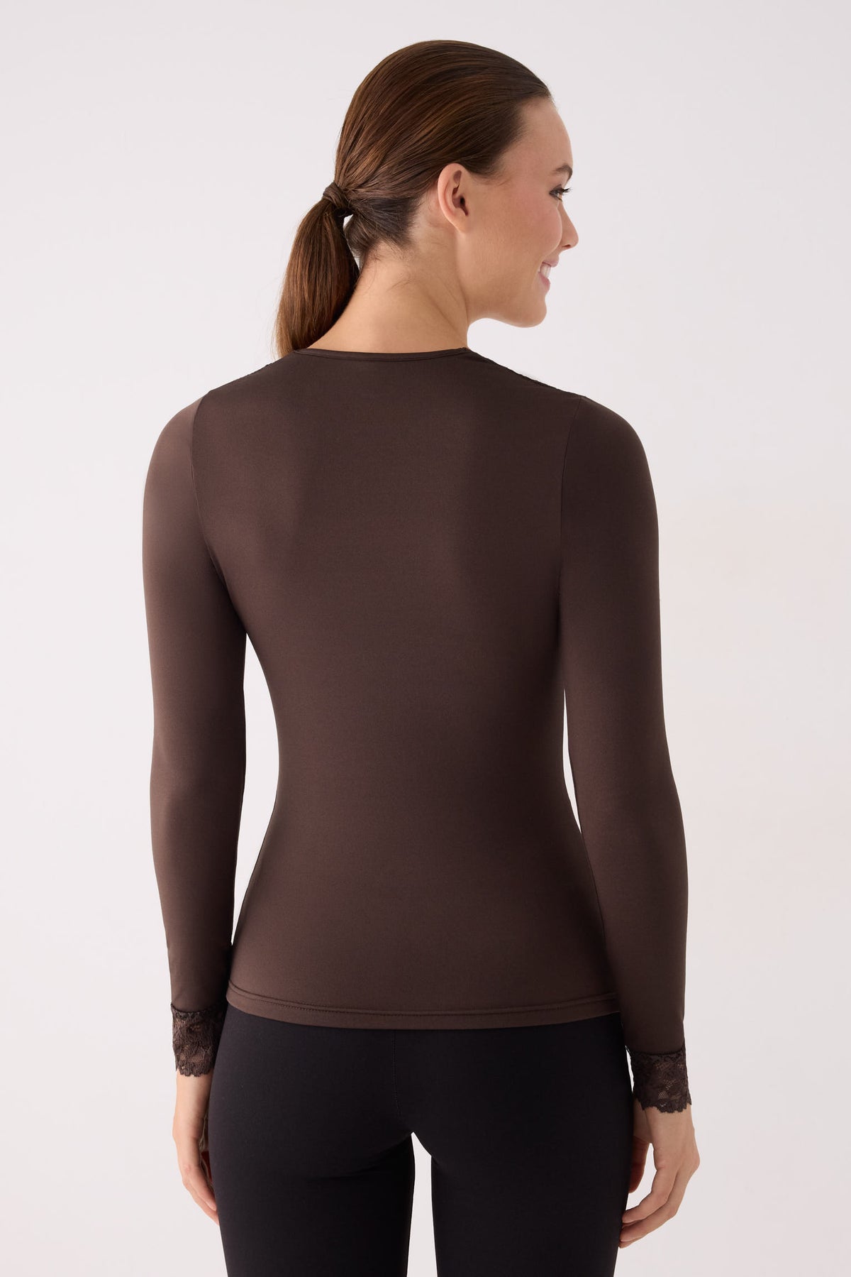 THERMAL Women's long-sleeved square-neck T-shirt with brown lace