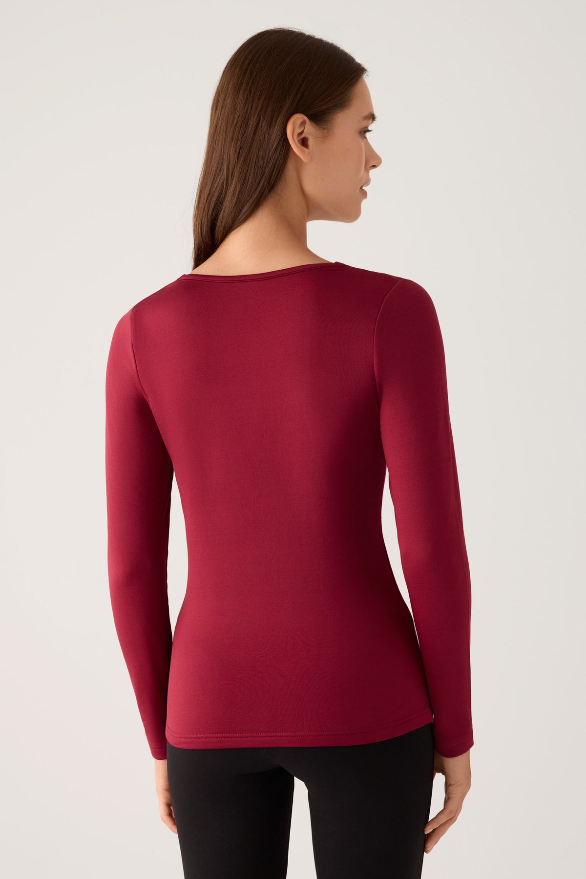 THERMAL Women's long-sleeved V-neck T-shirt with burgundy lace