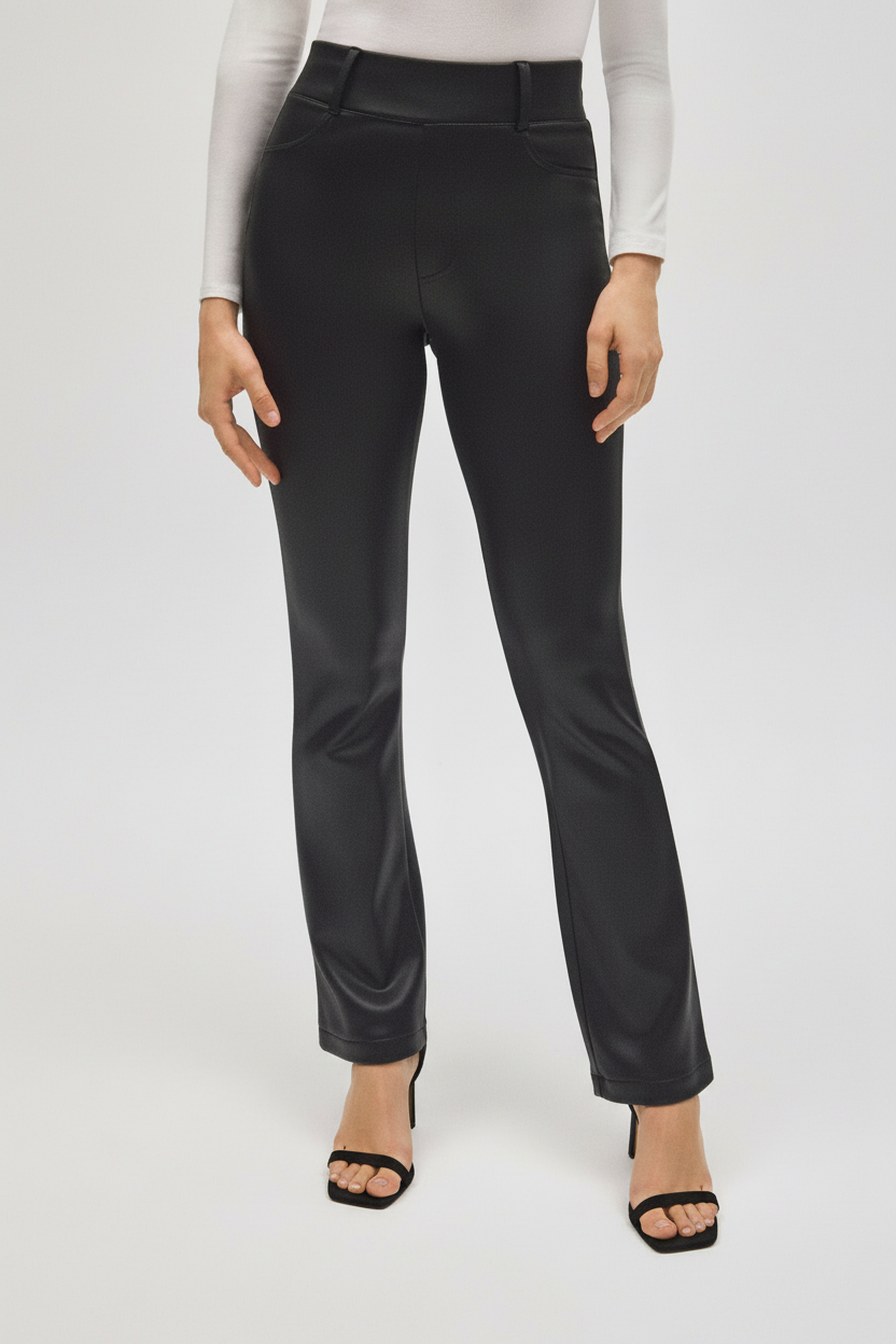 Black stretch thermal flare leather effect trousers