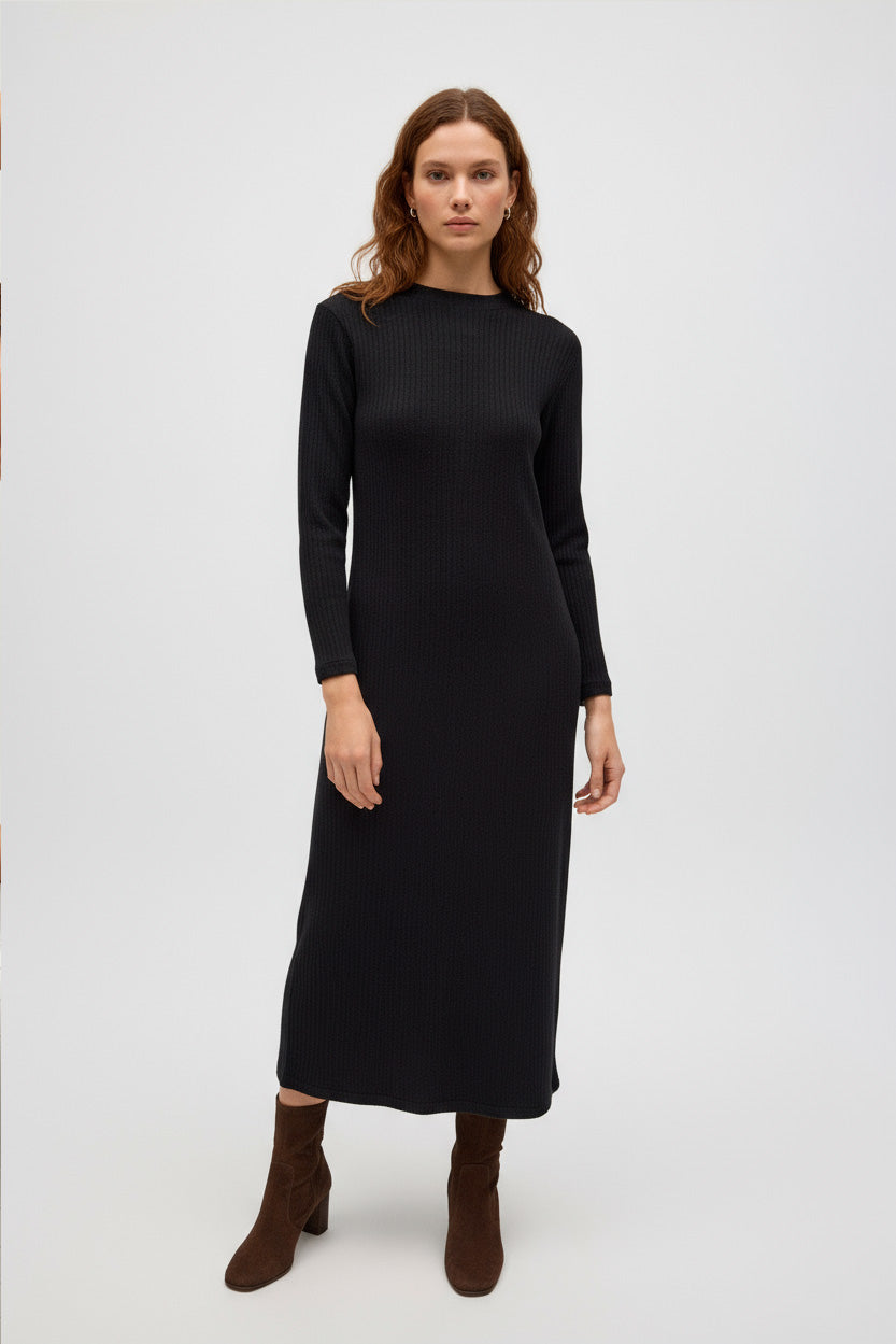 Long black ribbed knit dress
