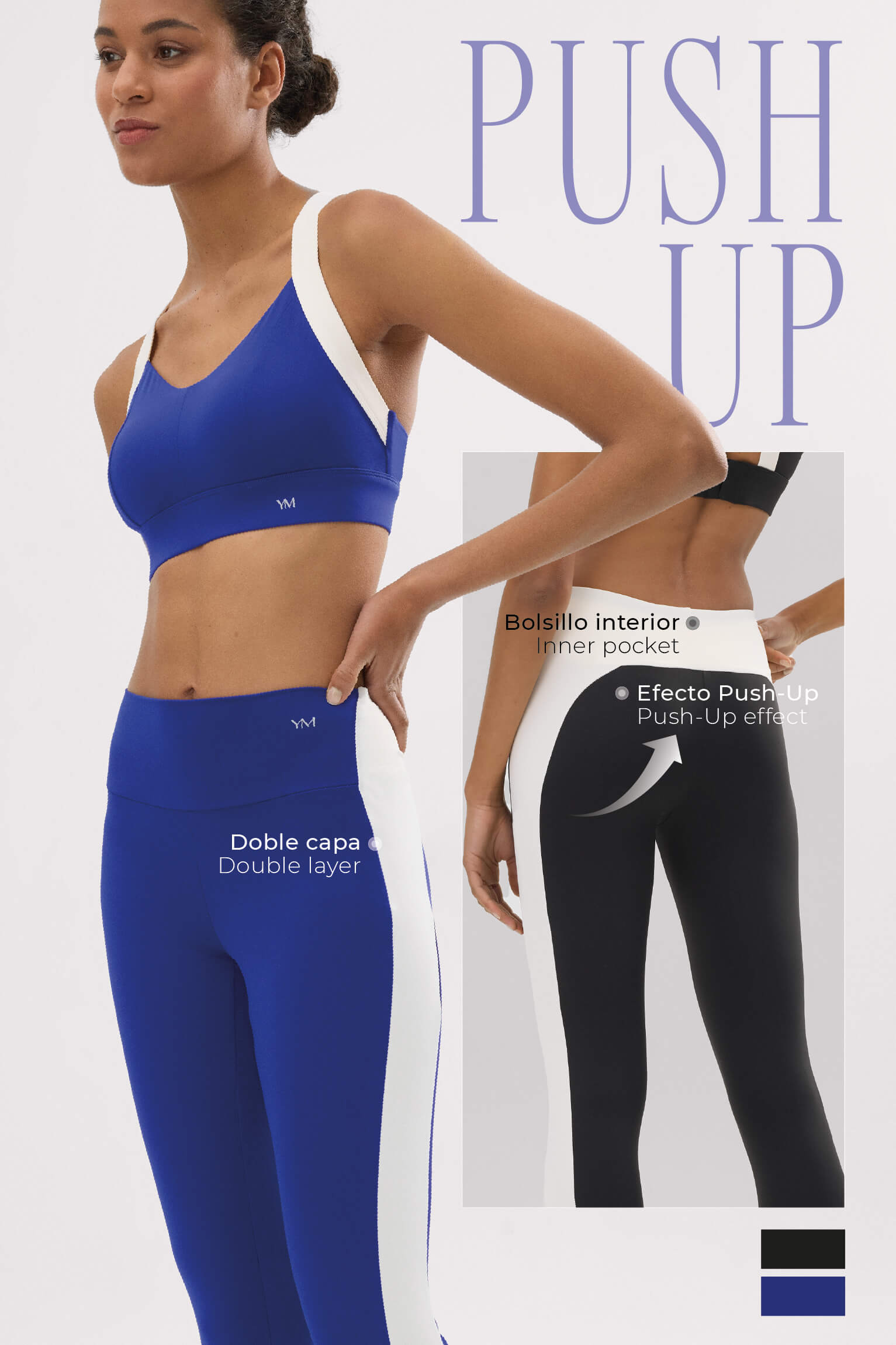 PRE-SALE Indigo blue push-up effect long sports leggings with contrasting stripe
