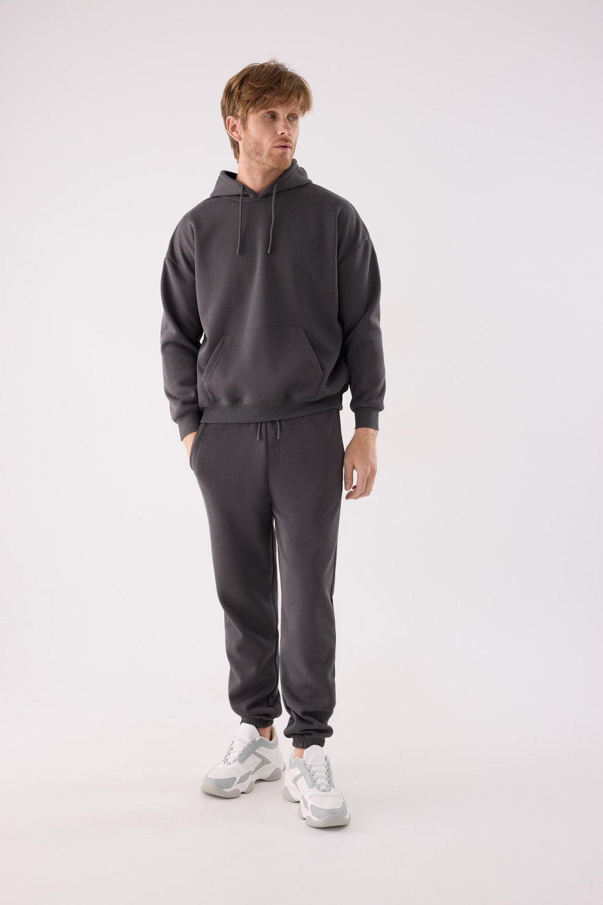 Men's charcoal fleece joggers with adjustable waist