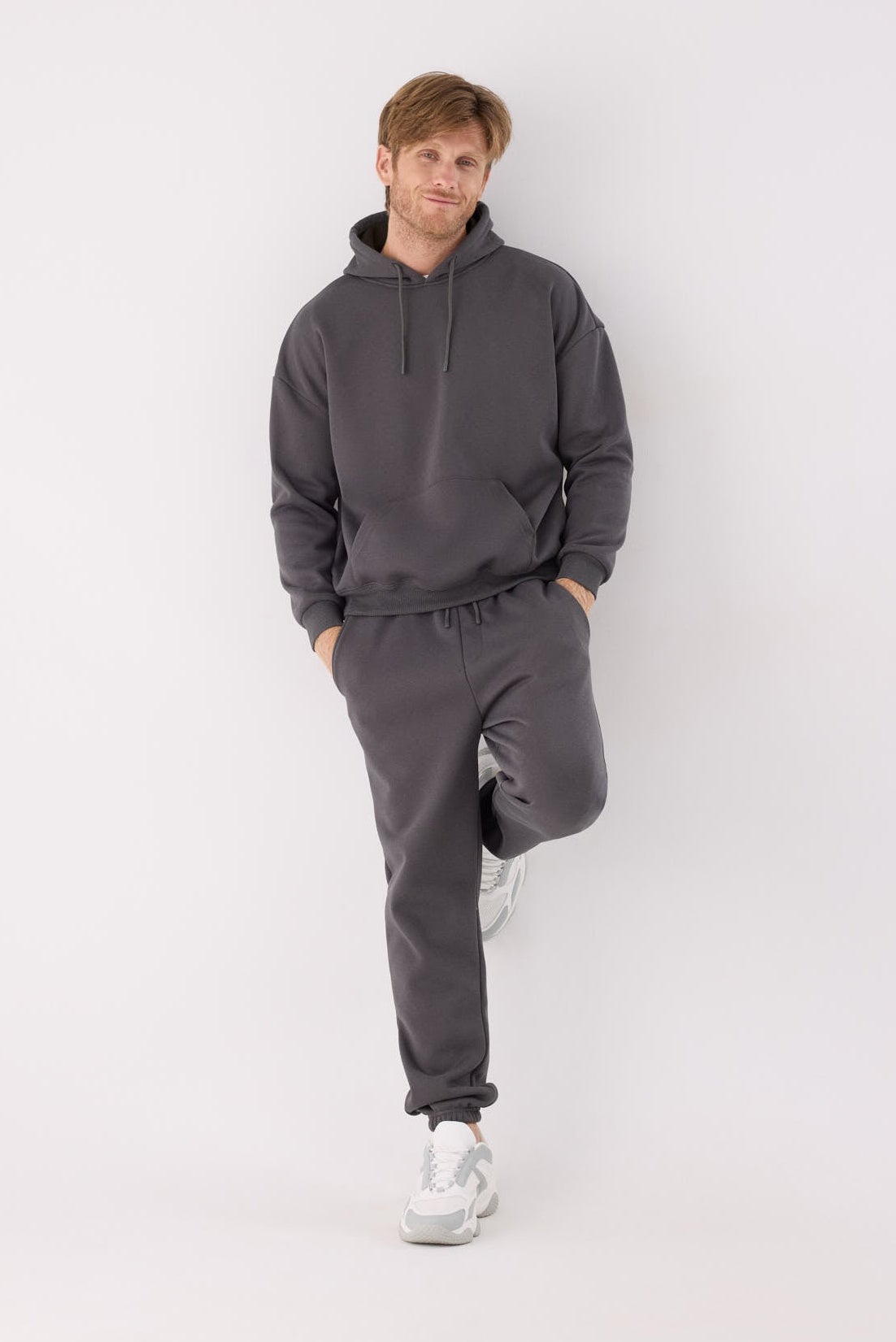 Men's charcoal fleece joggers with adjustable waist