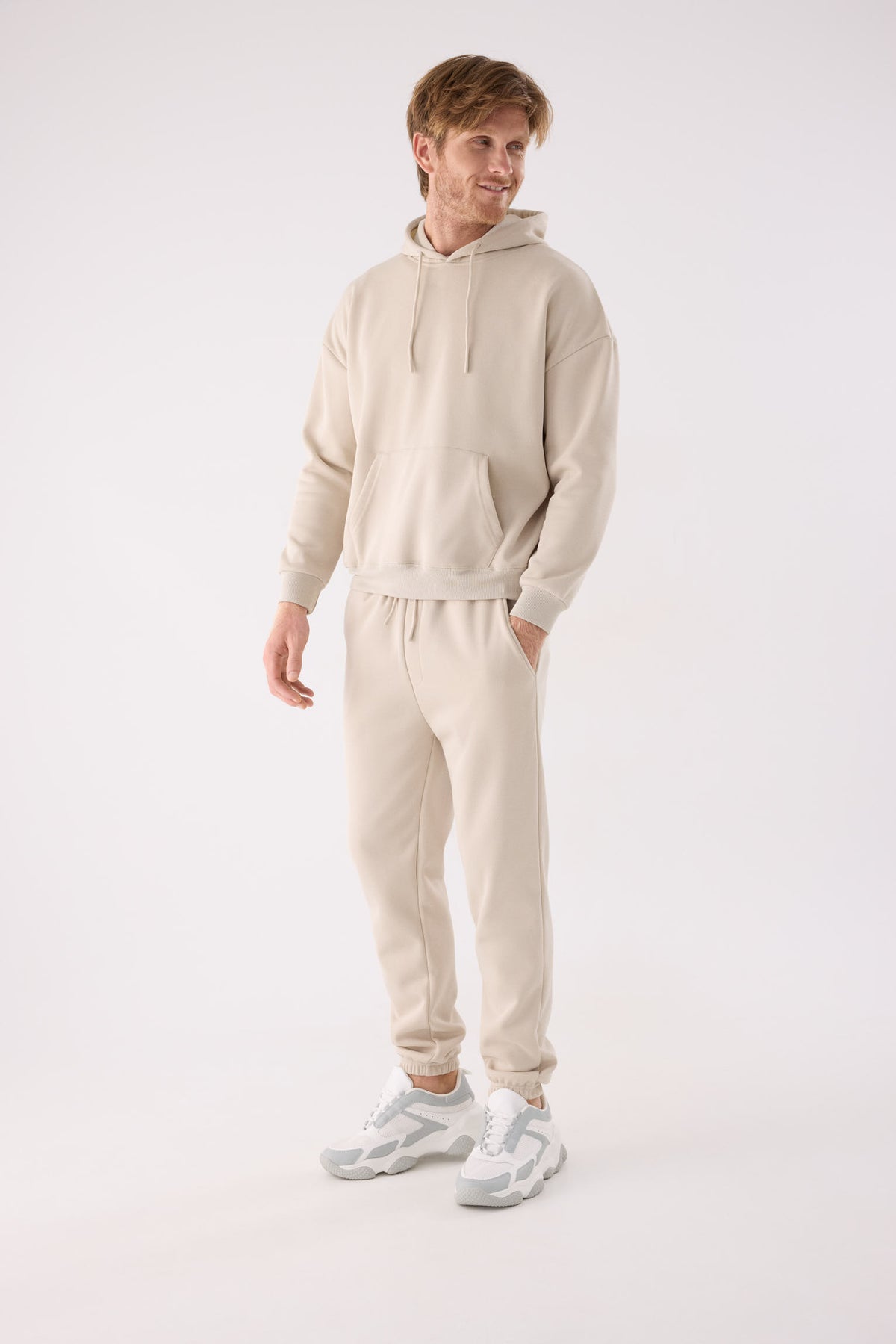 Men's beige fleece joggers with adjustable waist