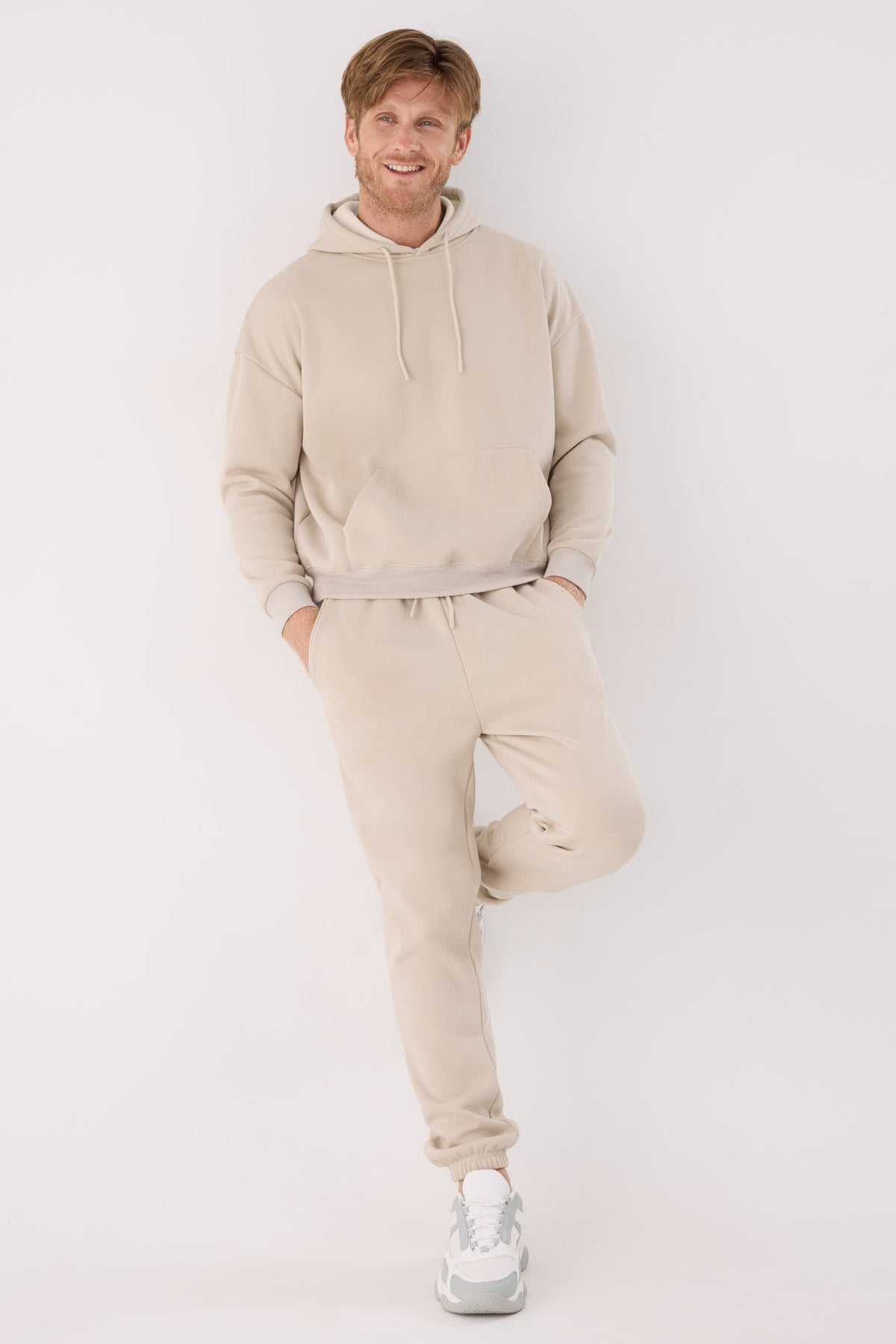 Men's beige fleece joggers with adjustable waist
