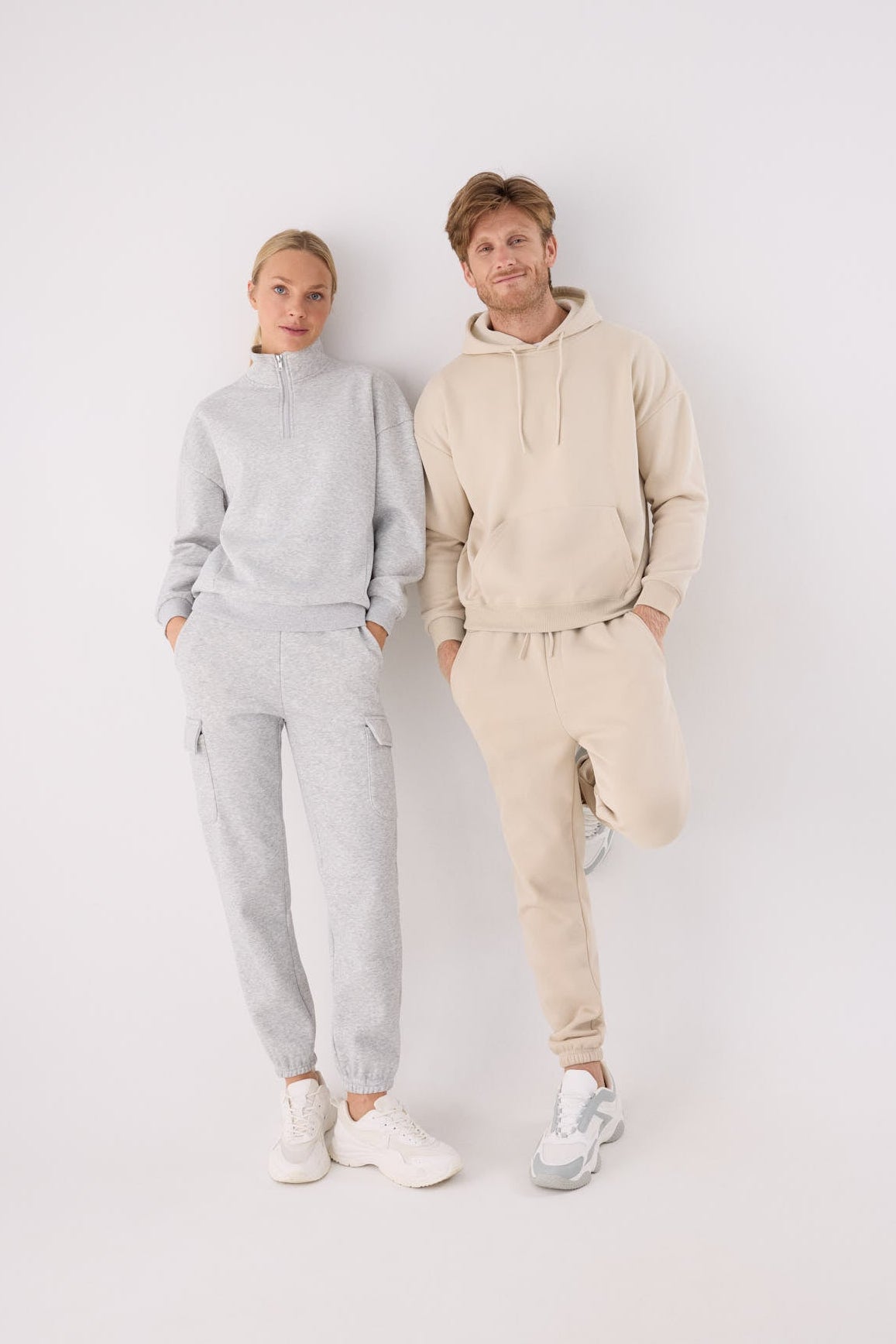 Men's beige fleece joggers with adjustable waist