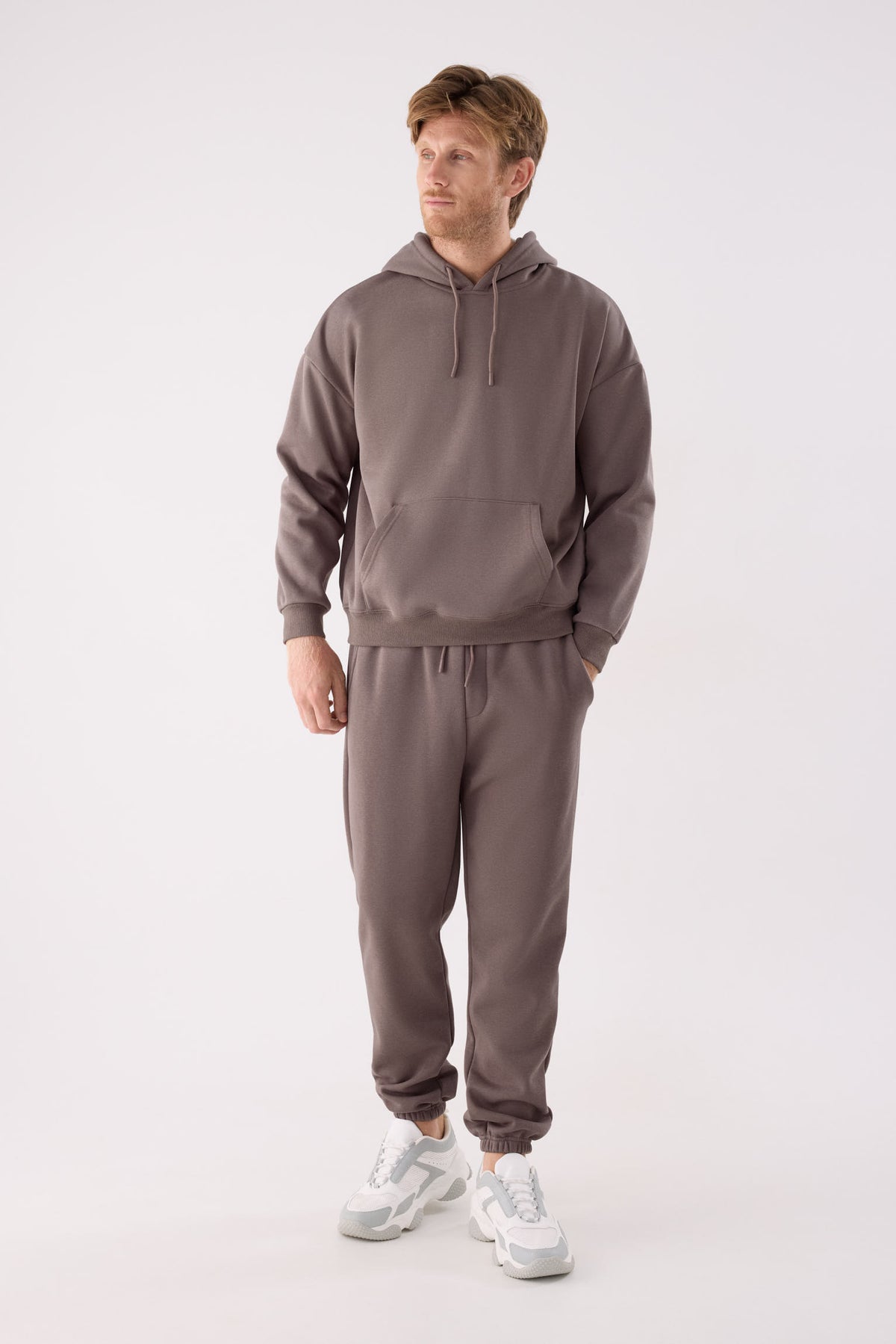 Men's brown fleece joggers with adjustable waist
