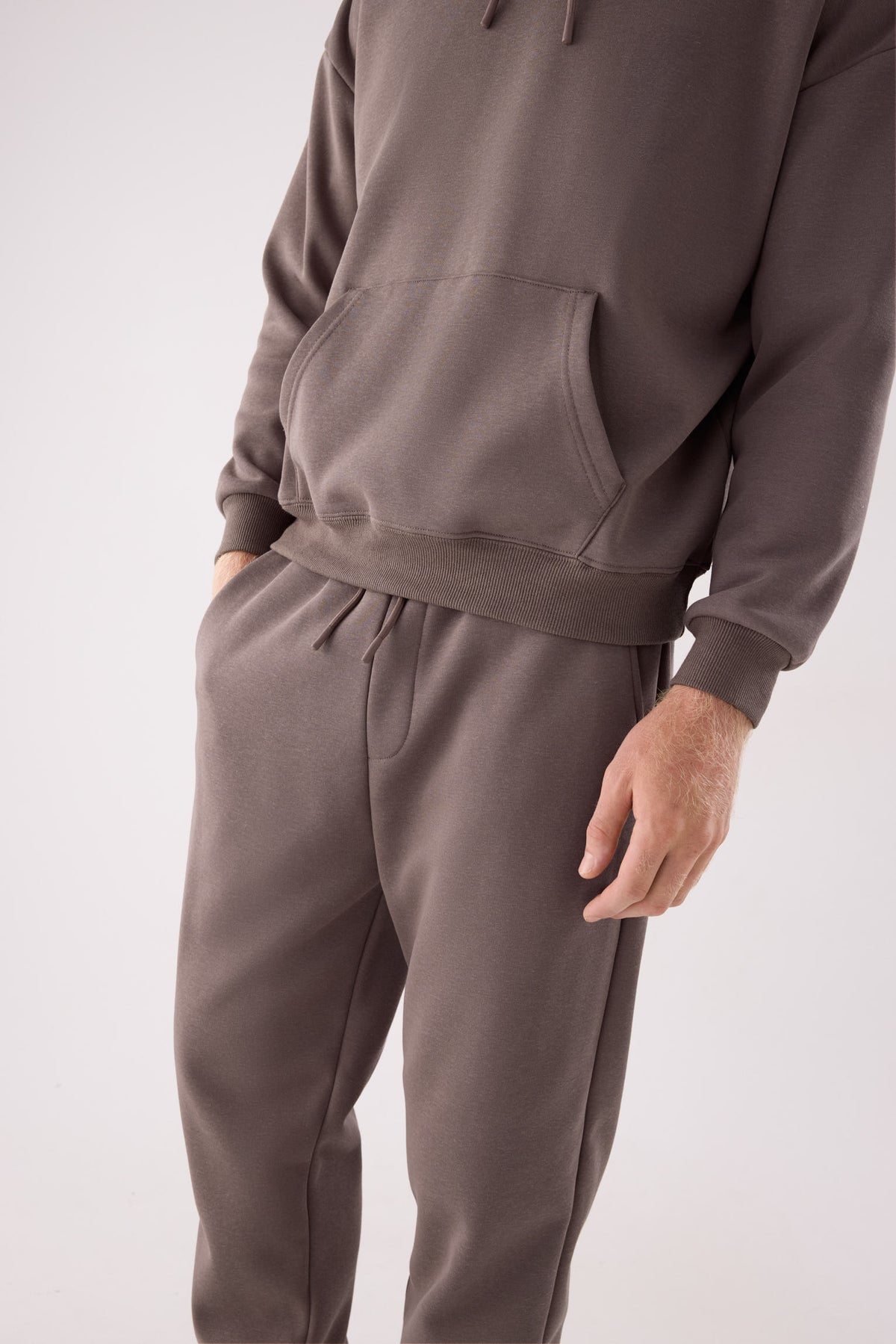 Men's brown fleece joggers with adjustable waist