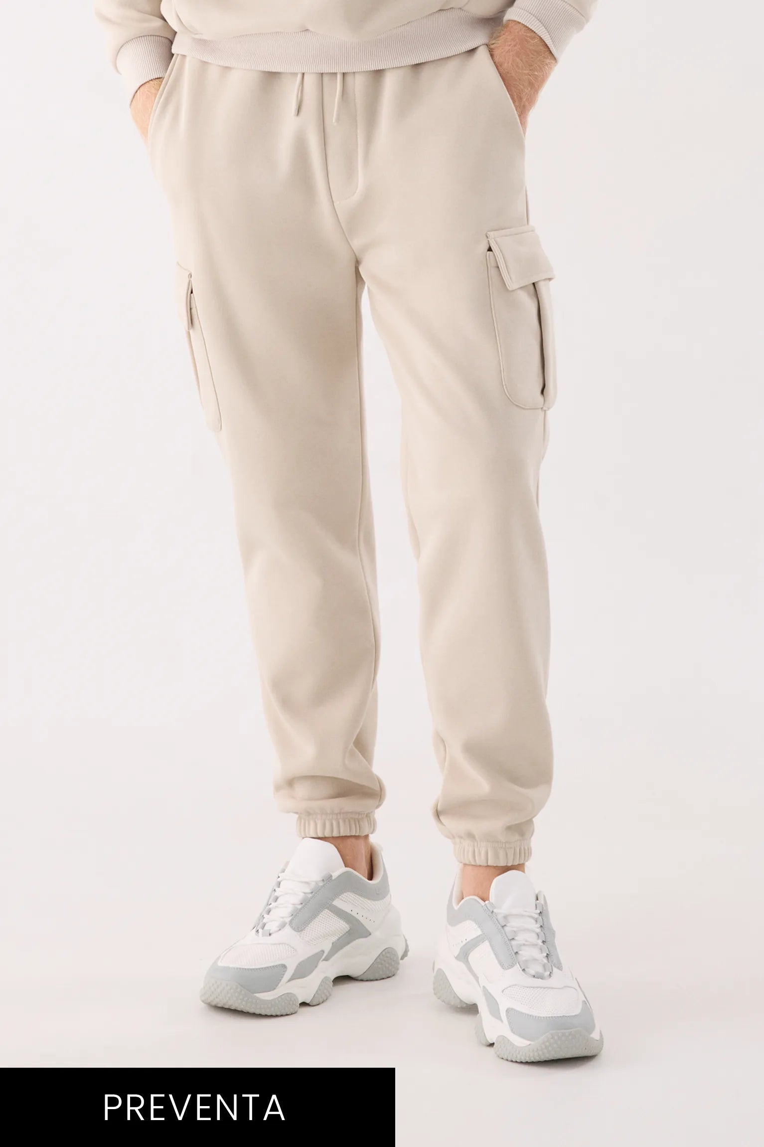 PRE-ORDER Men's beige fleece cargo joggers with adjustable waist