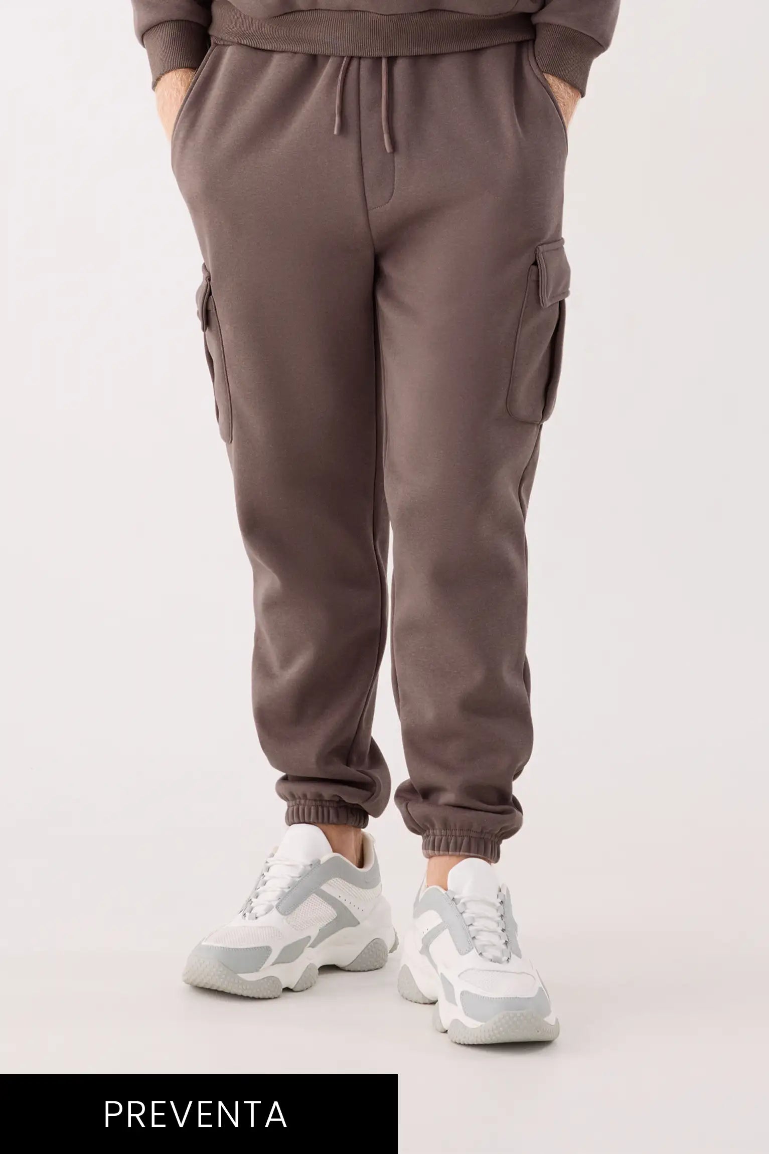 PRE-ORDER Men's brown fleece cargo joggers with adjustable waist