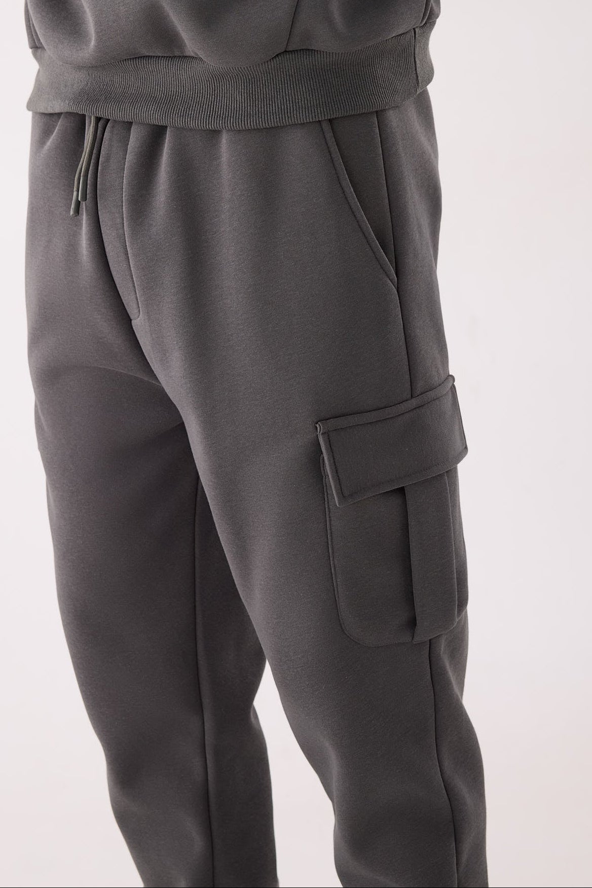 Men's charcoal fleece cargo joggers with adjustable waist