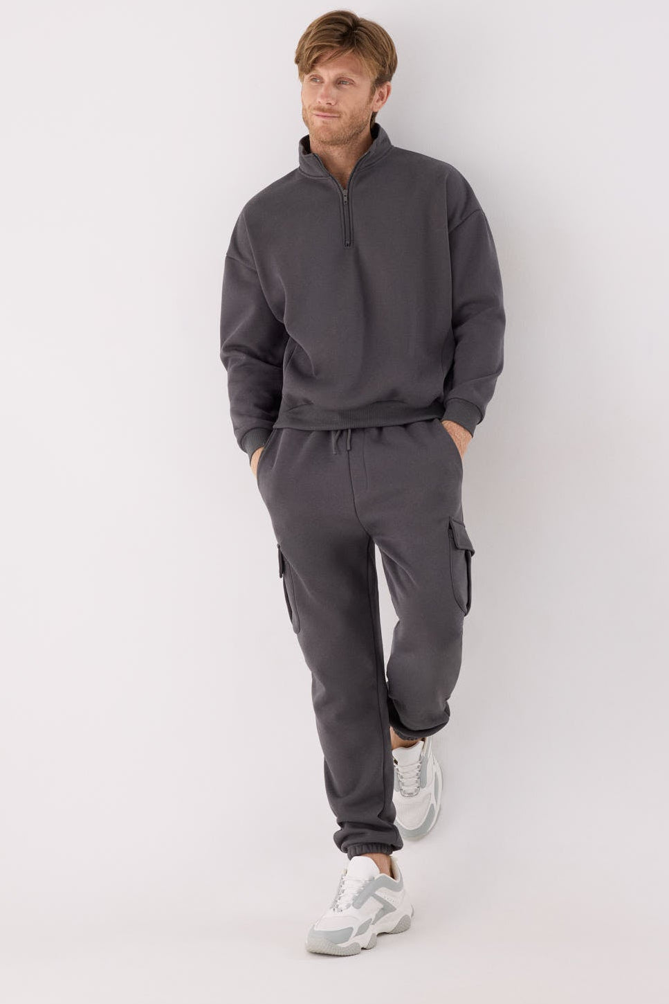 Men's charcoal fleece cargo joggers with adjustable waist