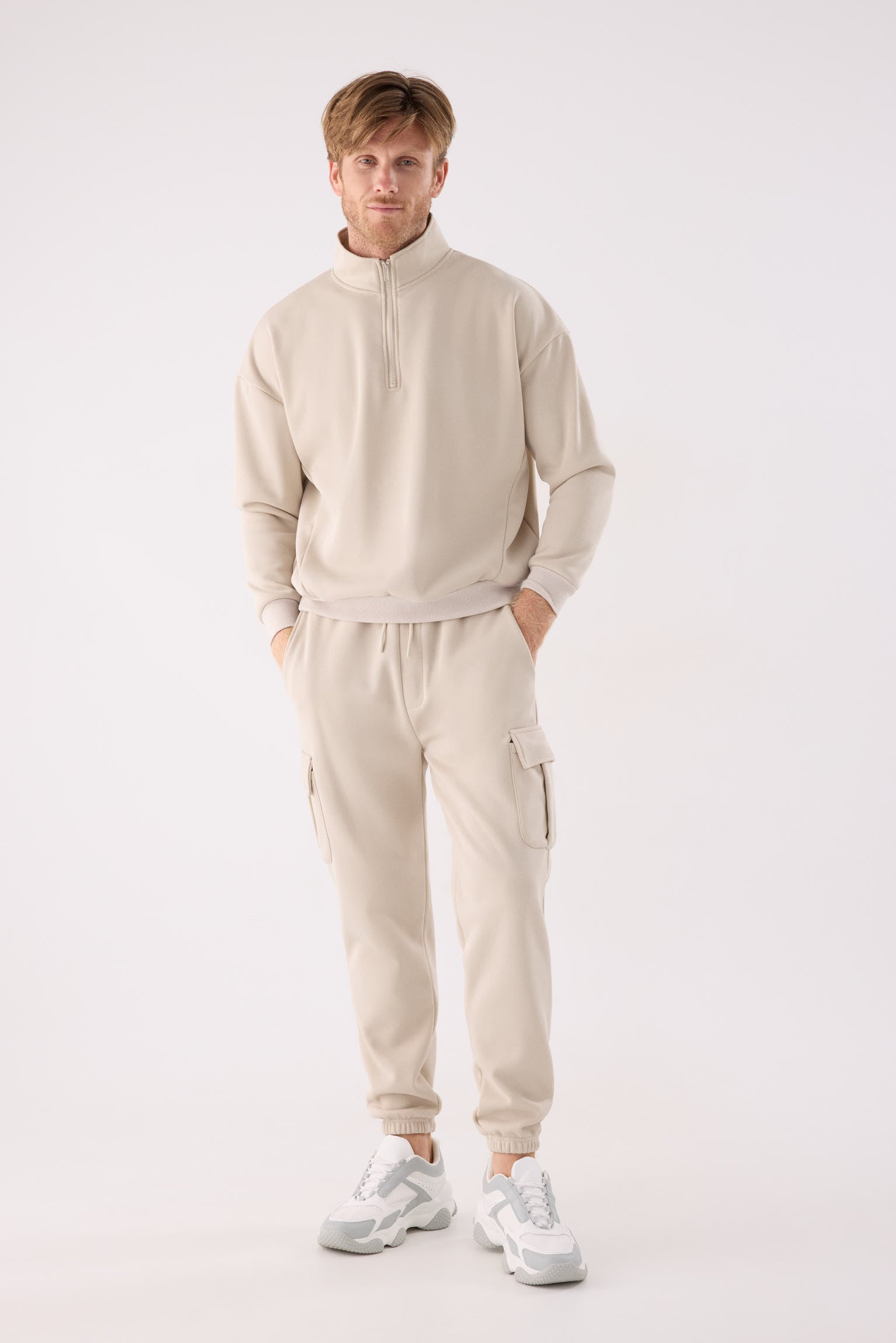 PRE-ORDER Men's beige fleece cargo joggers with adjustable waist