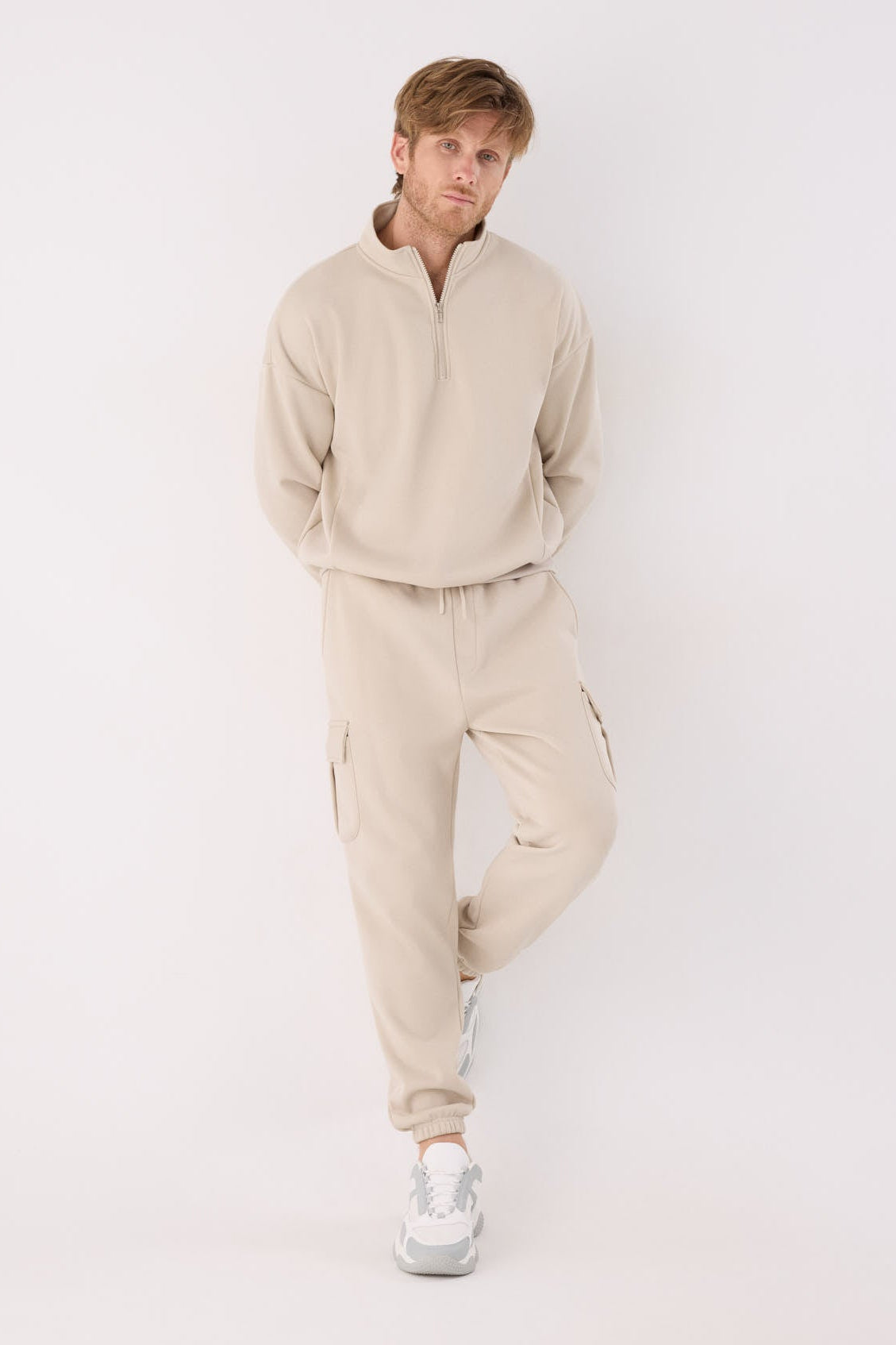 PRE-ORDER Men's beige fleece cargo joggers with adjustable waist