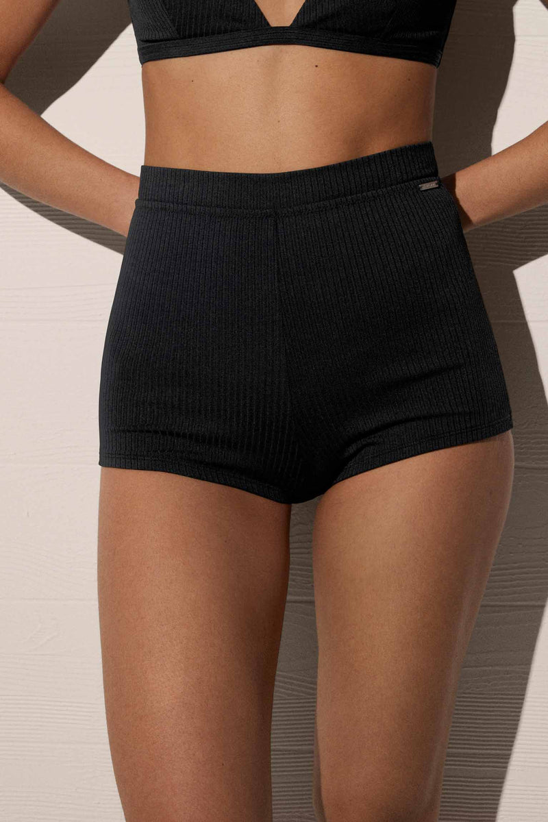 Black striped texture high waist shorts bikini bottom
