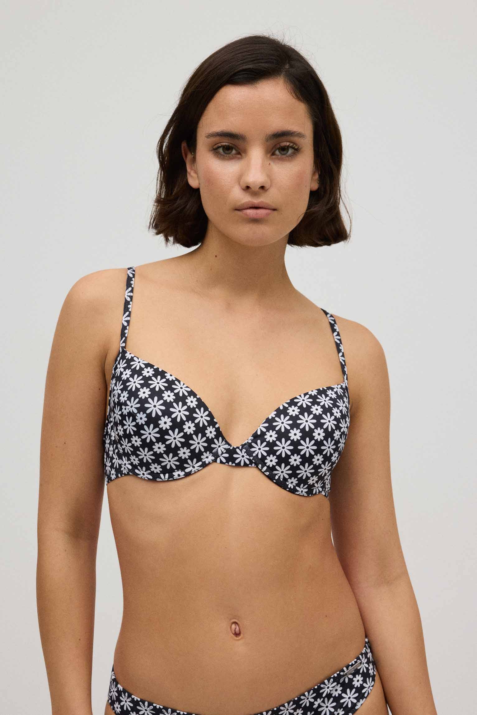 Classic black and white floral hoop bikini top