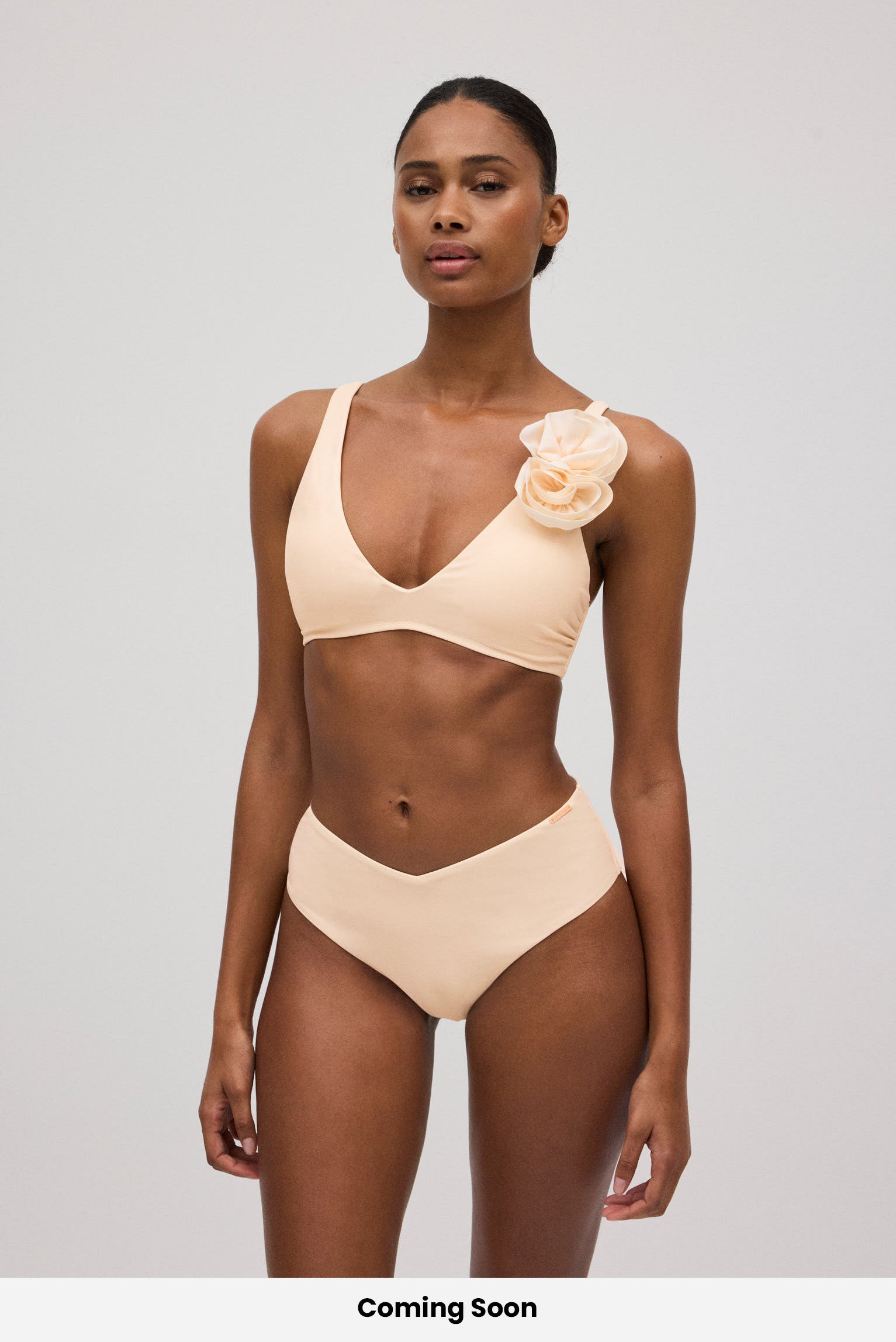 Flower detail triangle bikini set with ivory V-waist midi panties