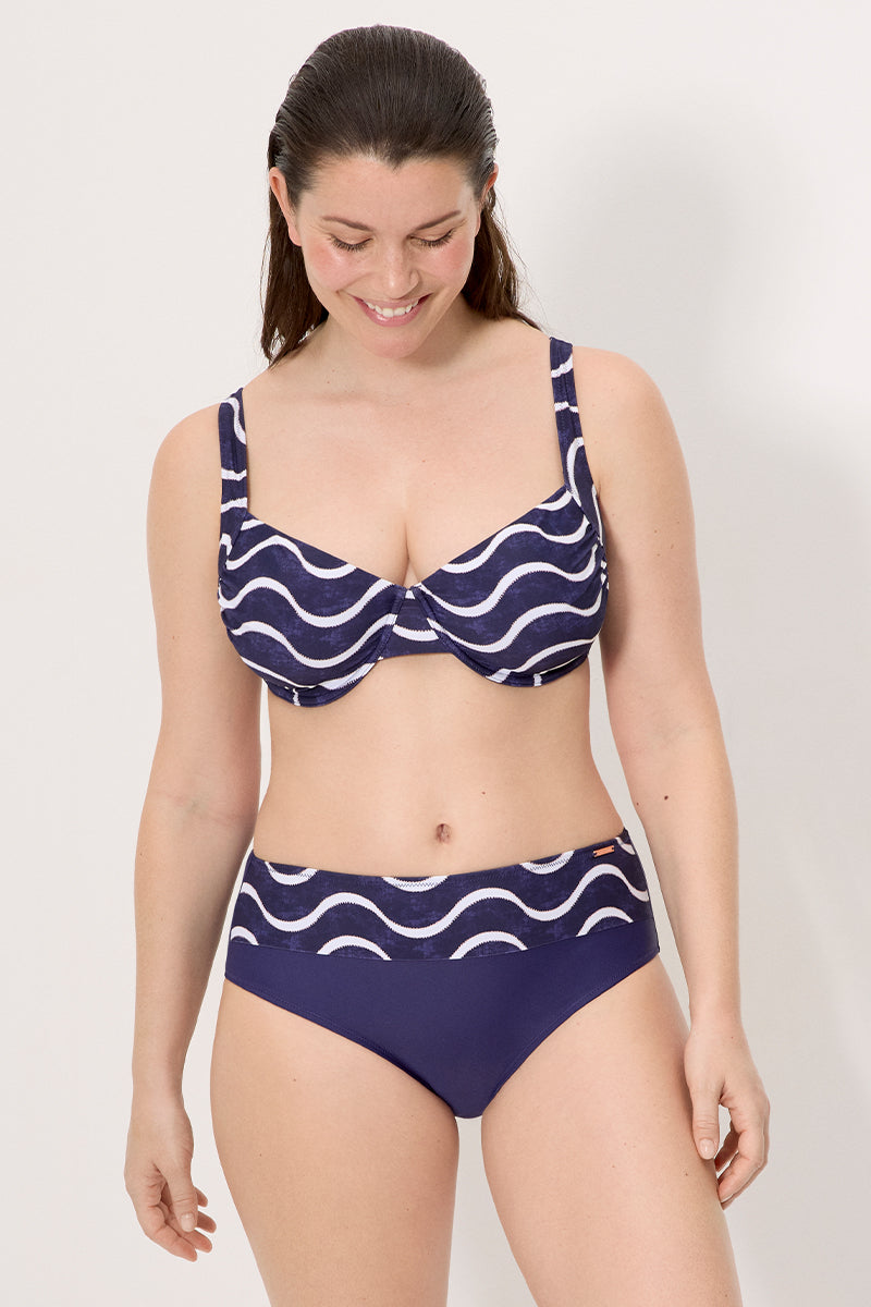 High-waisted bikini bottoms with a marine wave print