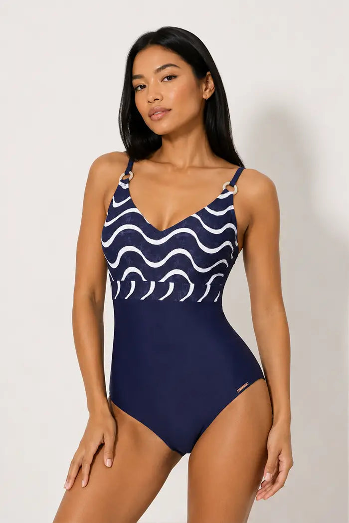 Shaping swimsuit with marine wave print, cup B
