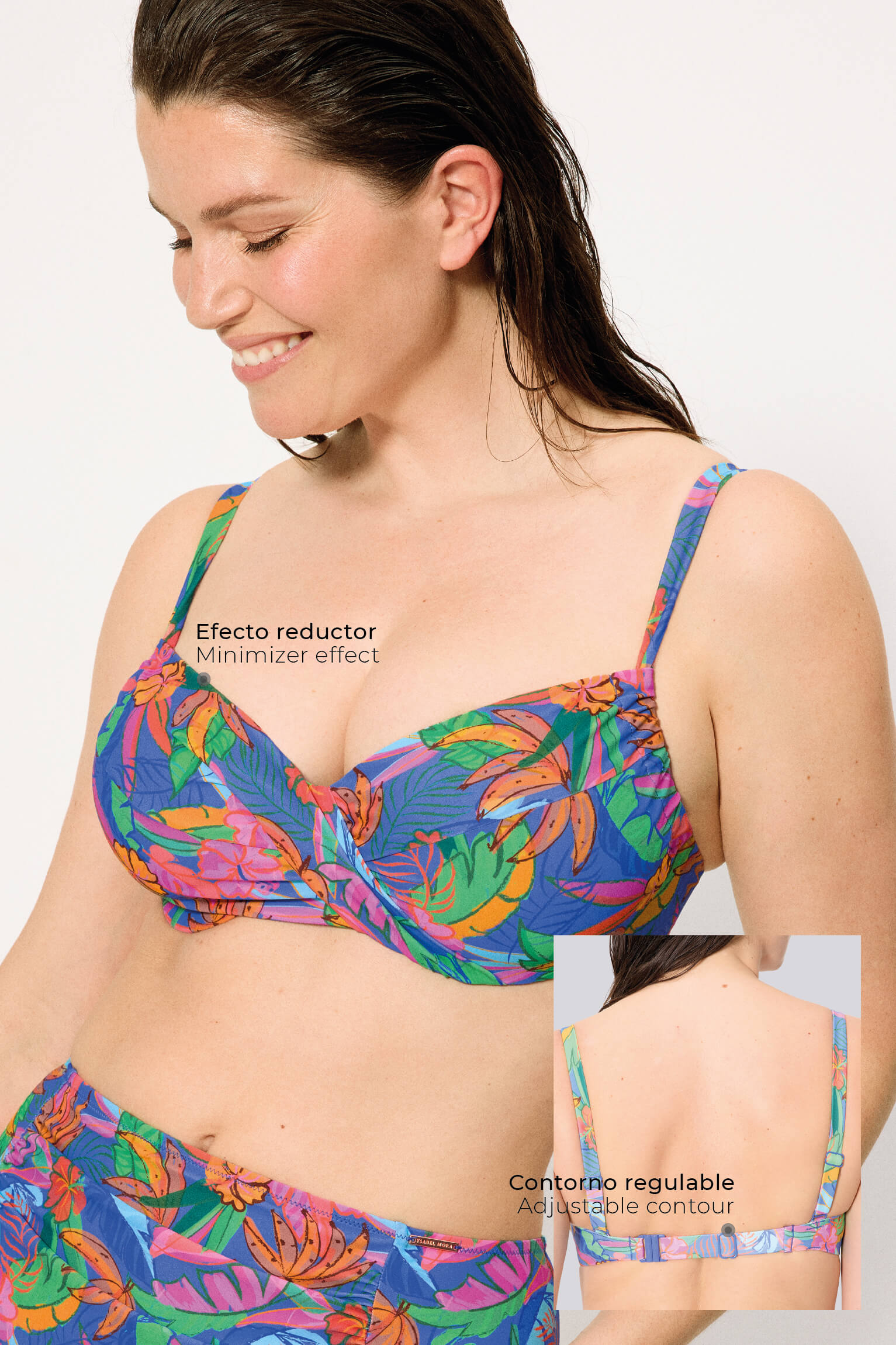 Tropical print minimizing bikini top with adjustable underwire, cups C and D