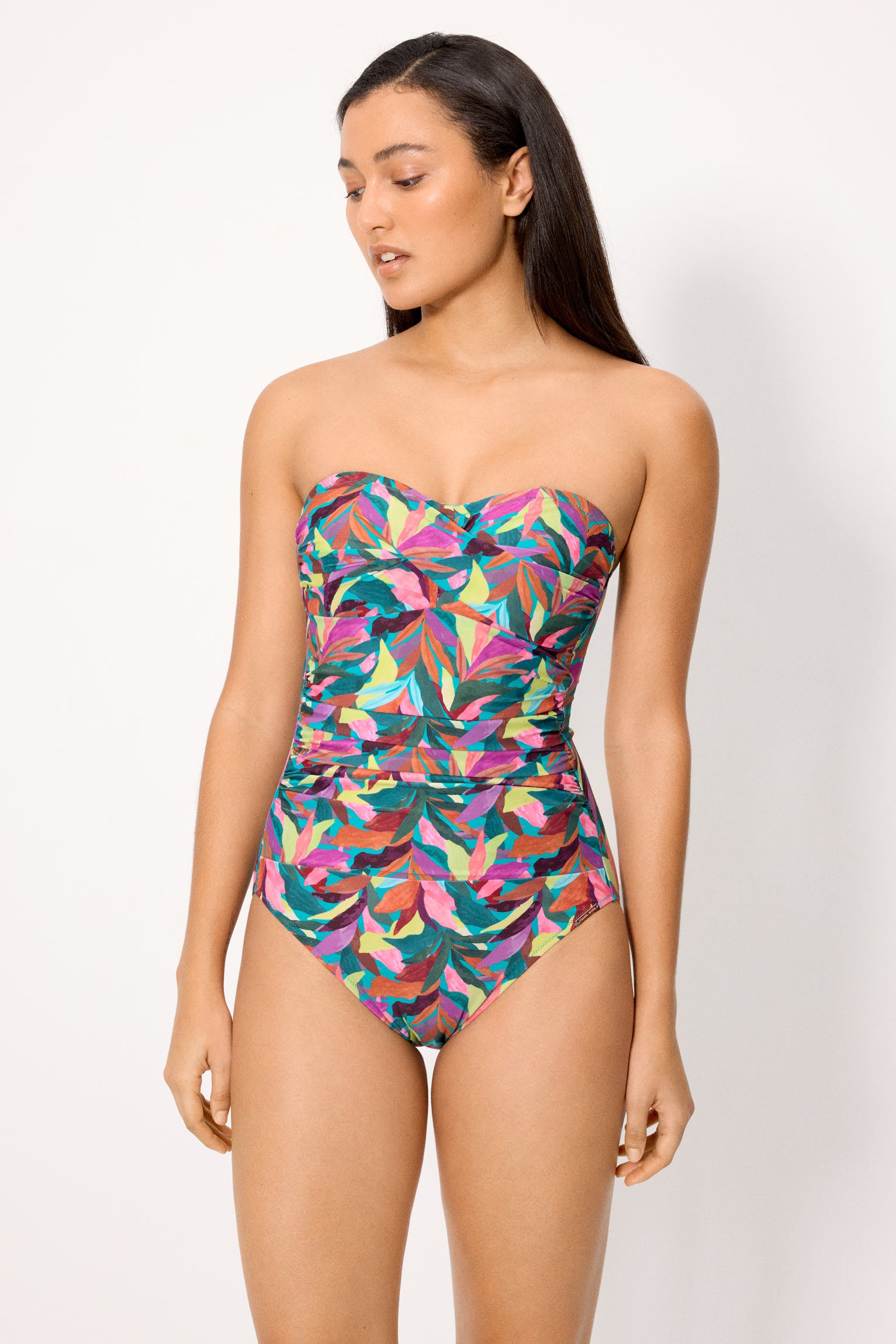 High compression bandeau slimming swimsuit with leaves, B cup