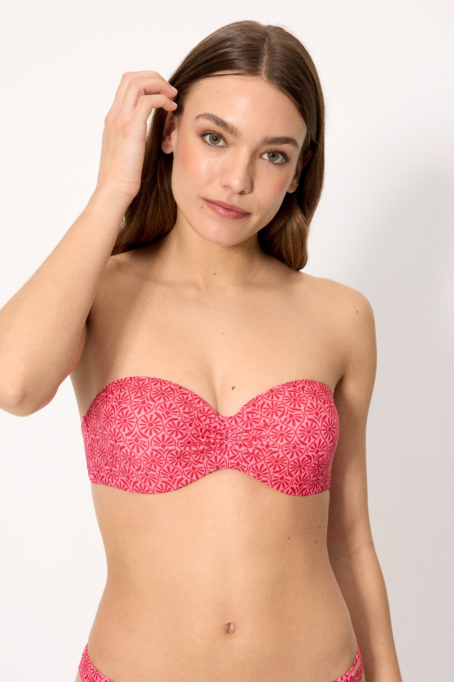 Pink and red floral push-up bandeau bikini top, cup B