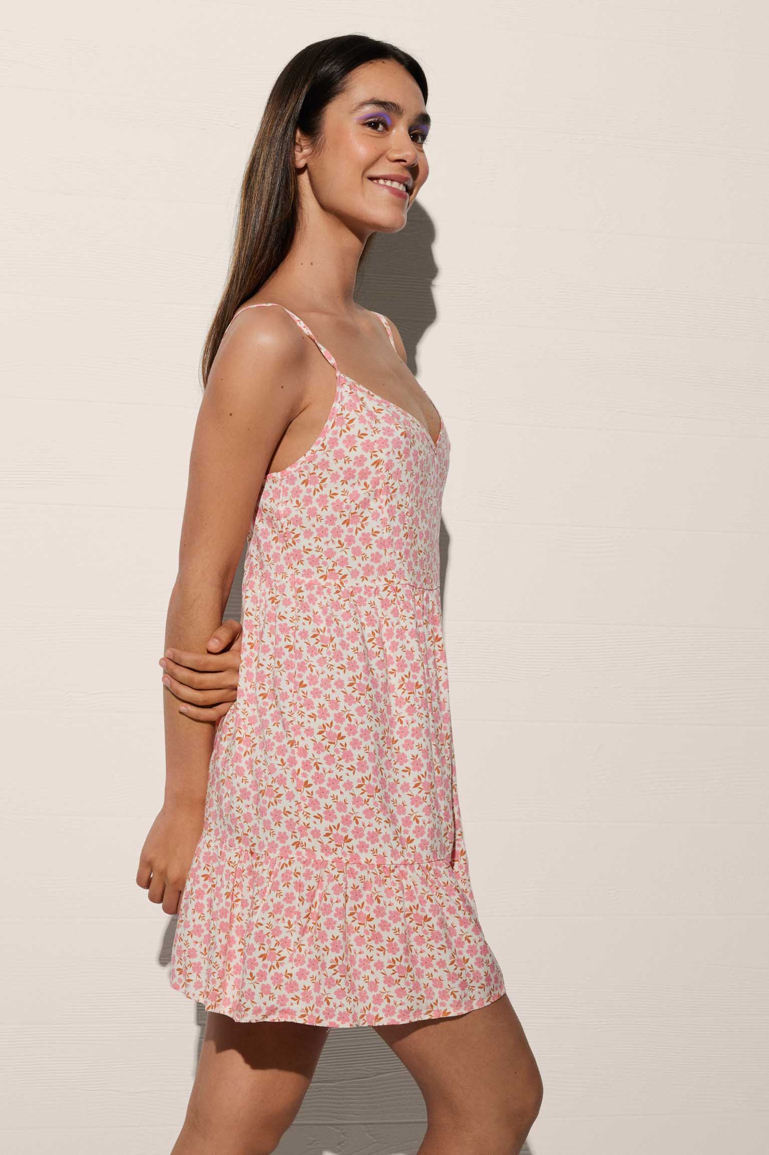 Pink Floral Print Loose Short Tank Dress