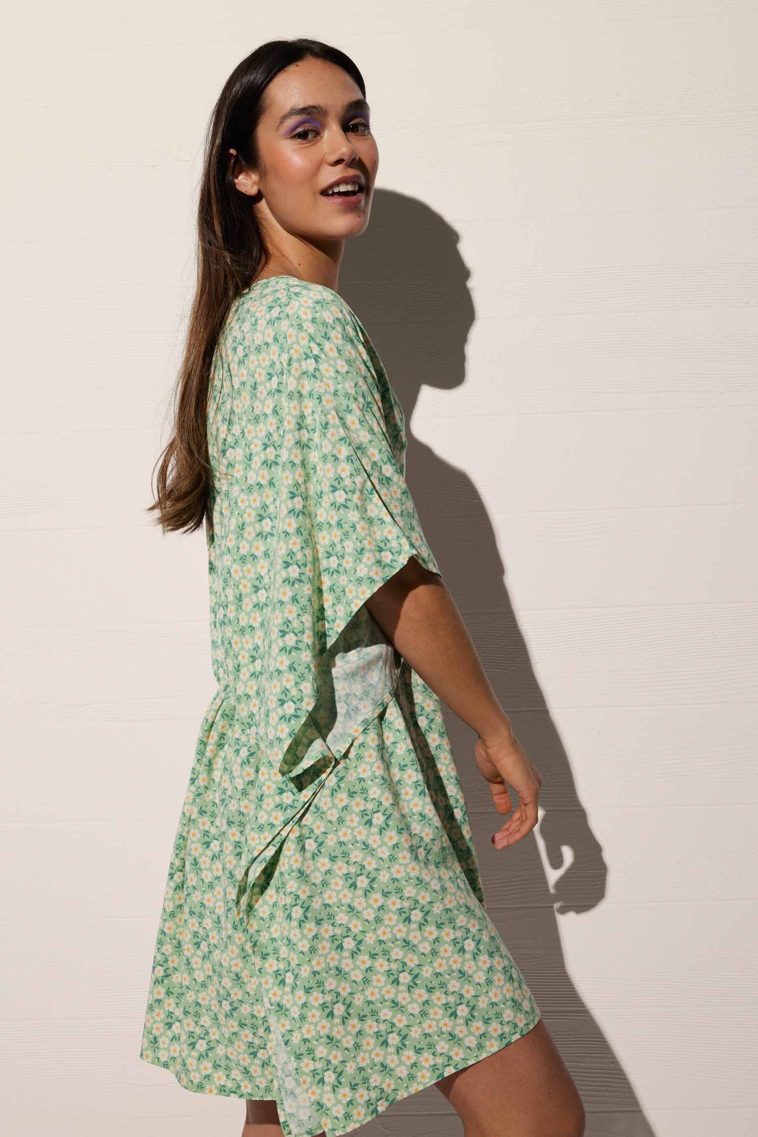 Green floral print kaftan with bow and knot on the back