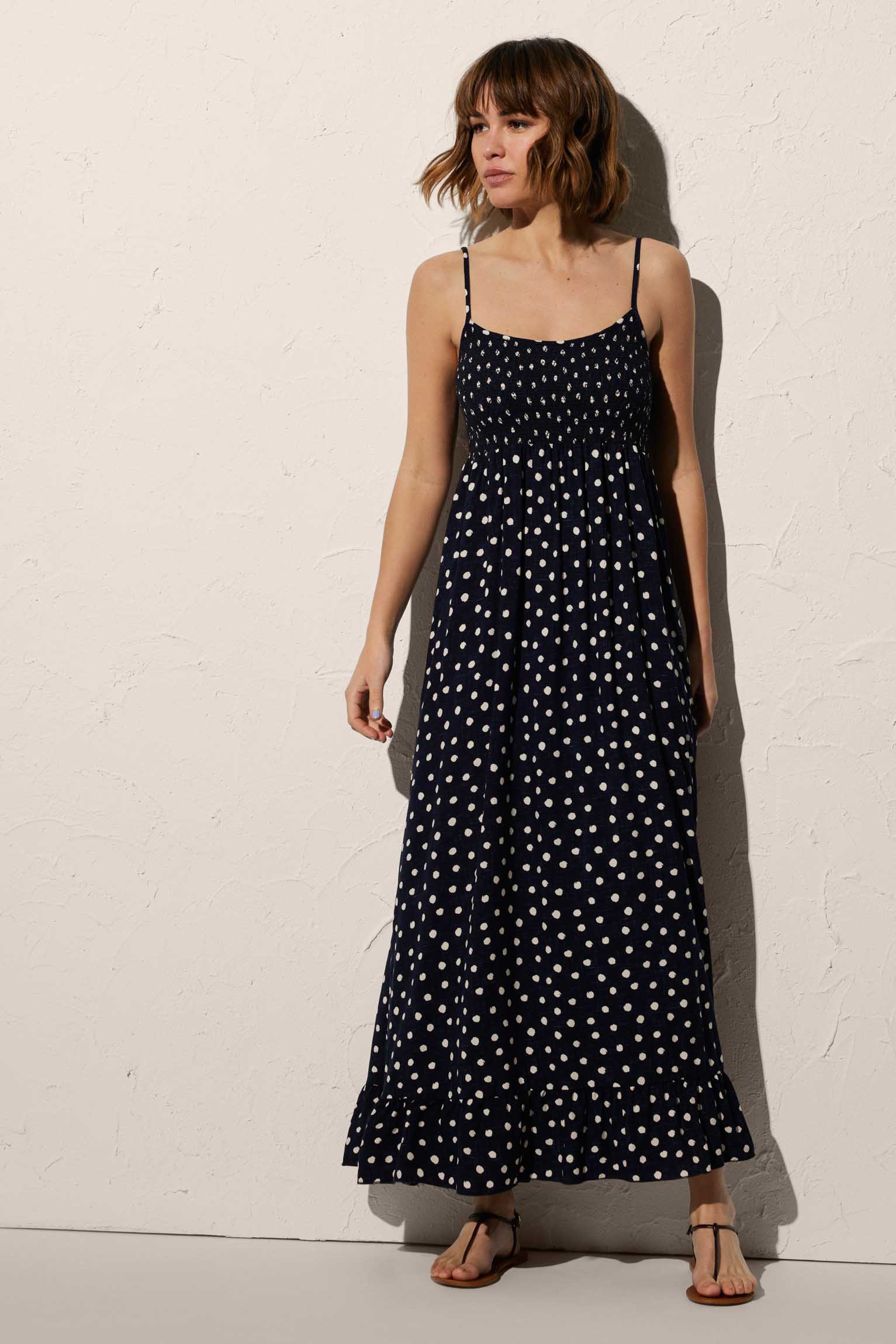 Long beach dress with navy plumeti print straps