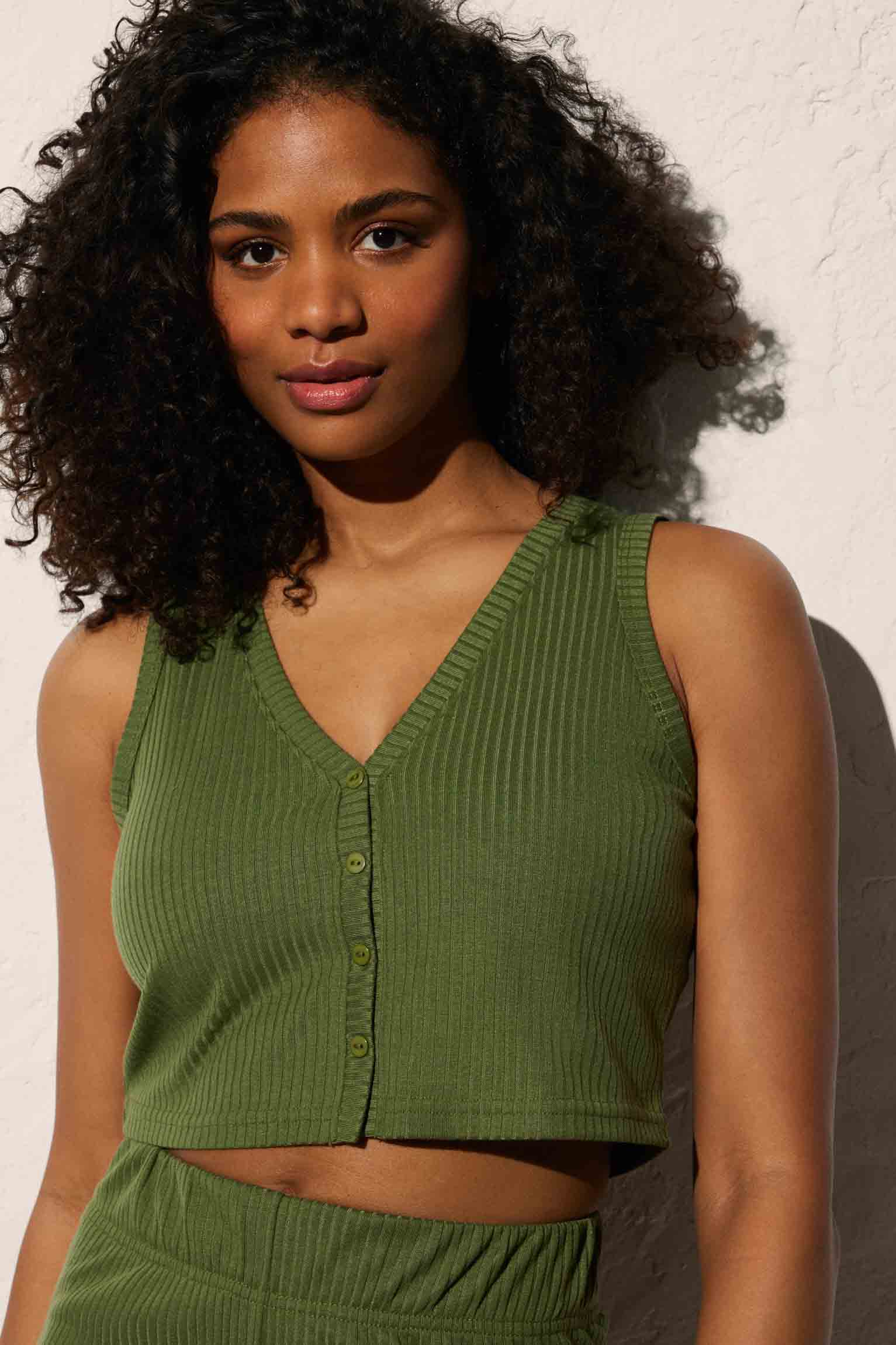 Green V-neck button detail short tank top