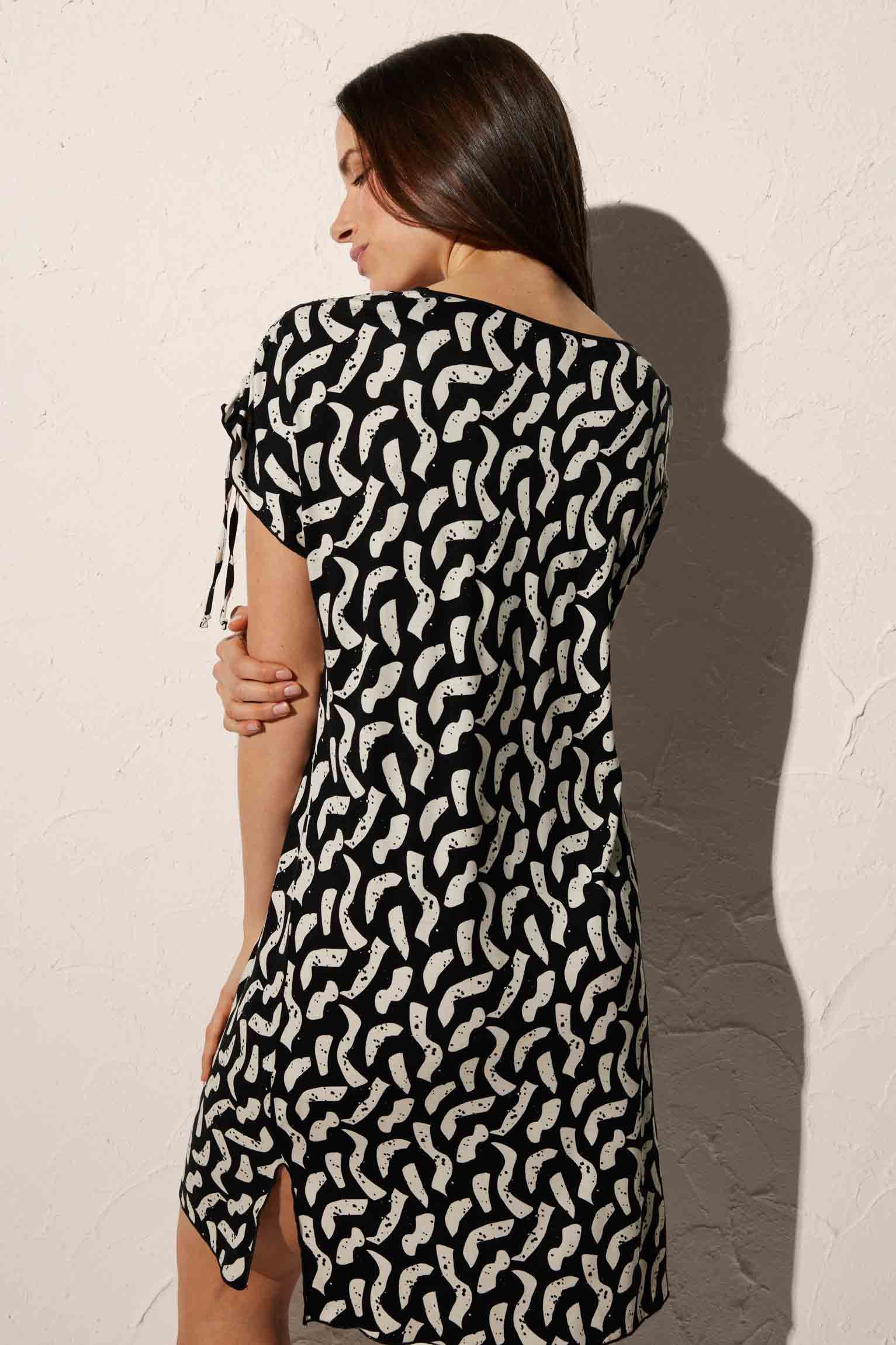 Knotted Short Sleeve Printed Short Beach Dress