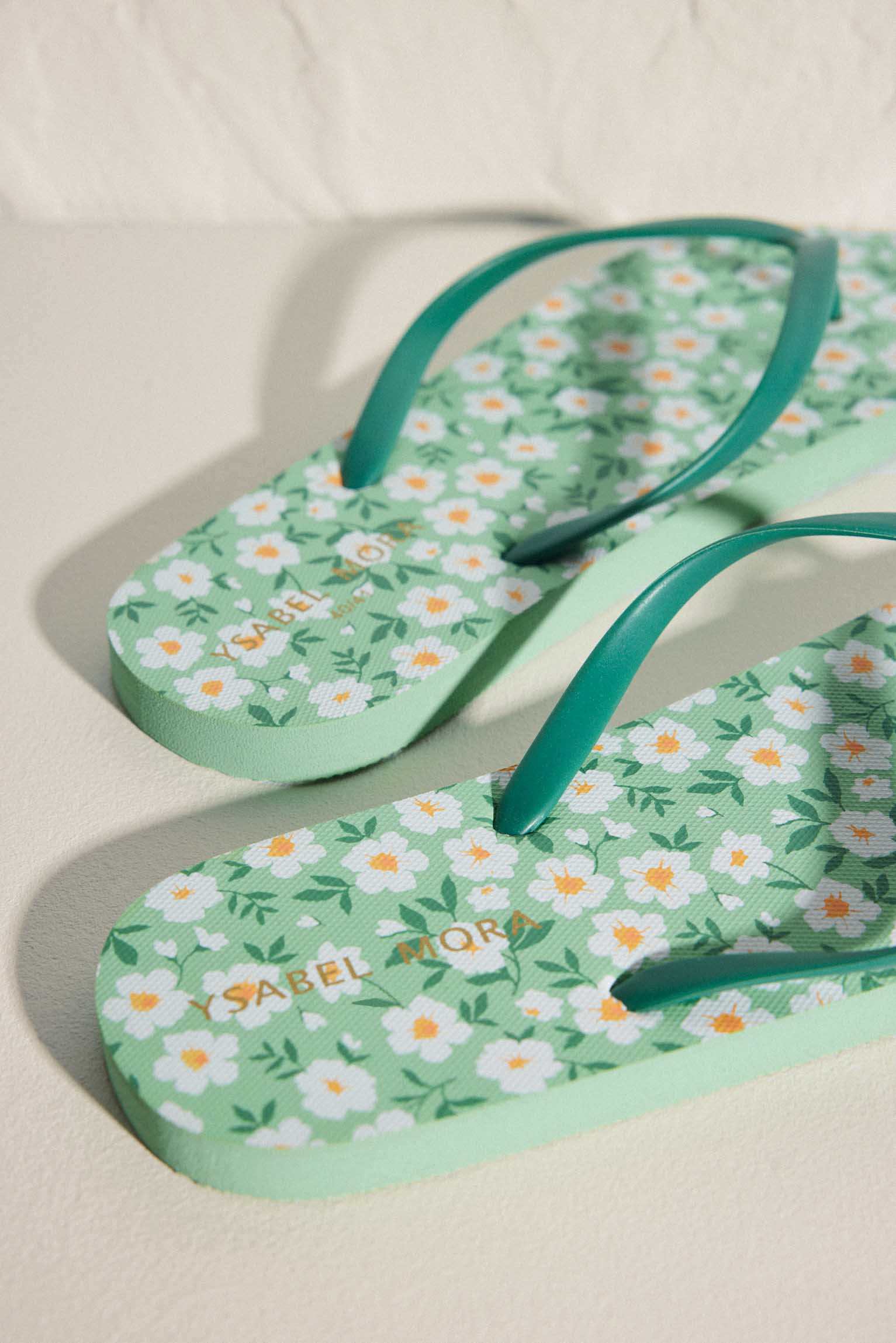 Green Floral Print Flat Beach Flip Flops