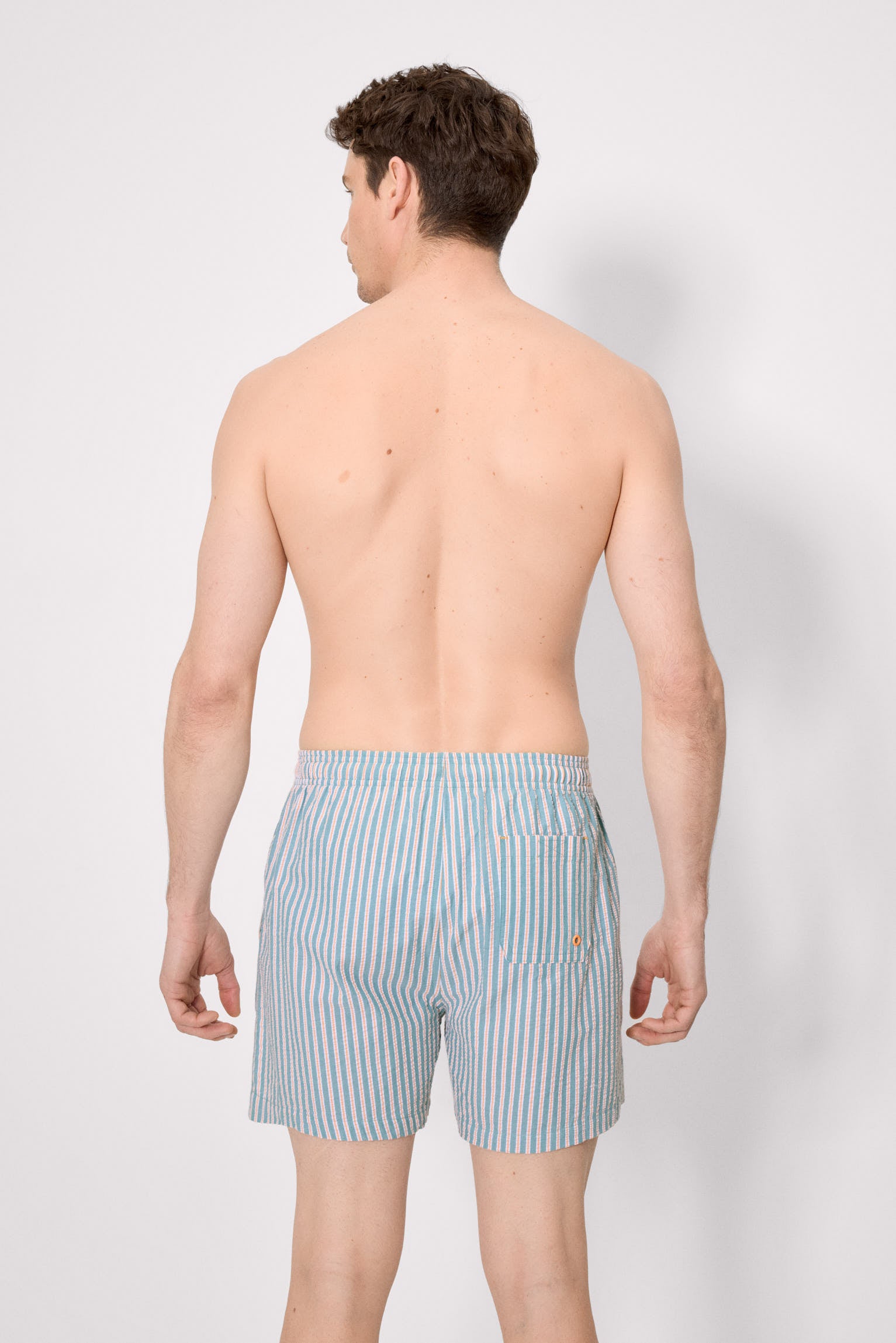 Medium-length swimsuit with blue and orange striped print