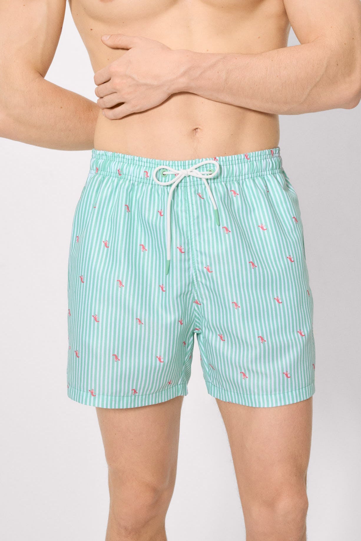 Green half-length swimsuit with striped print and mini lobsters