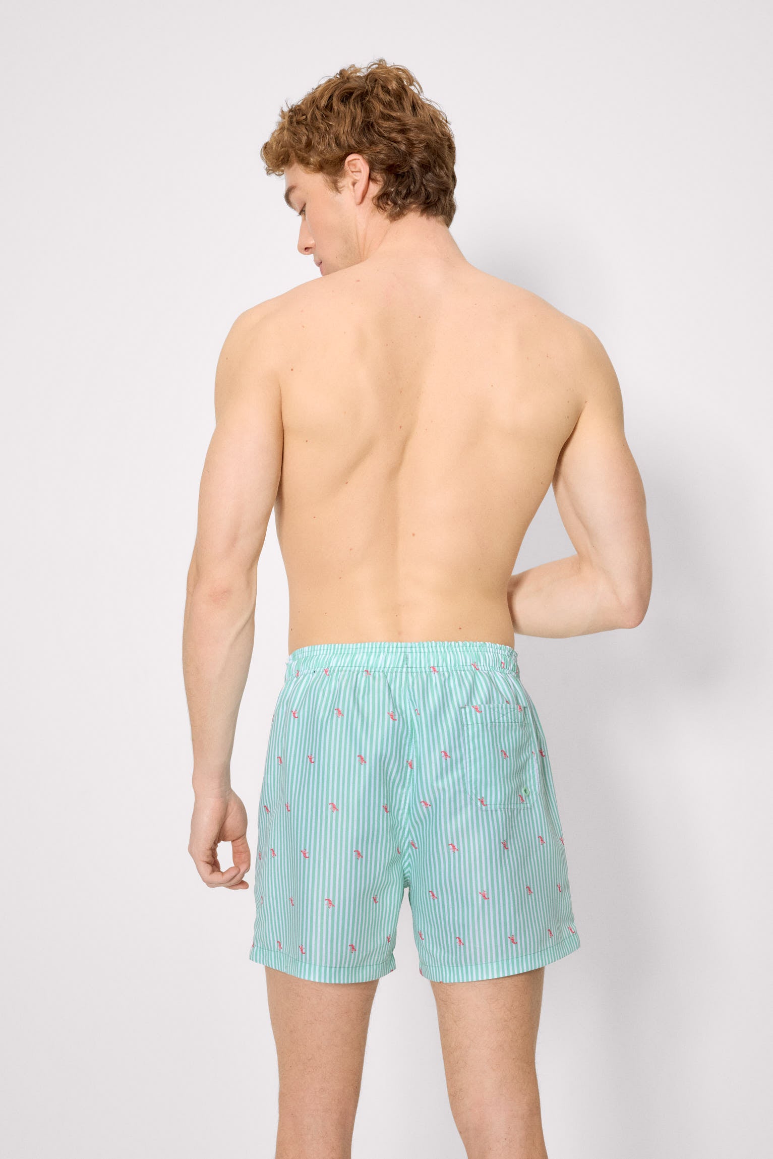 Green half-length swimsuit with striped print and mini lobsters