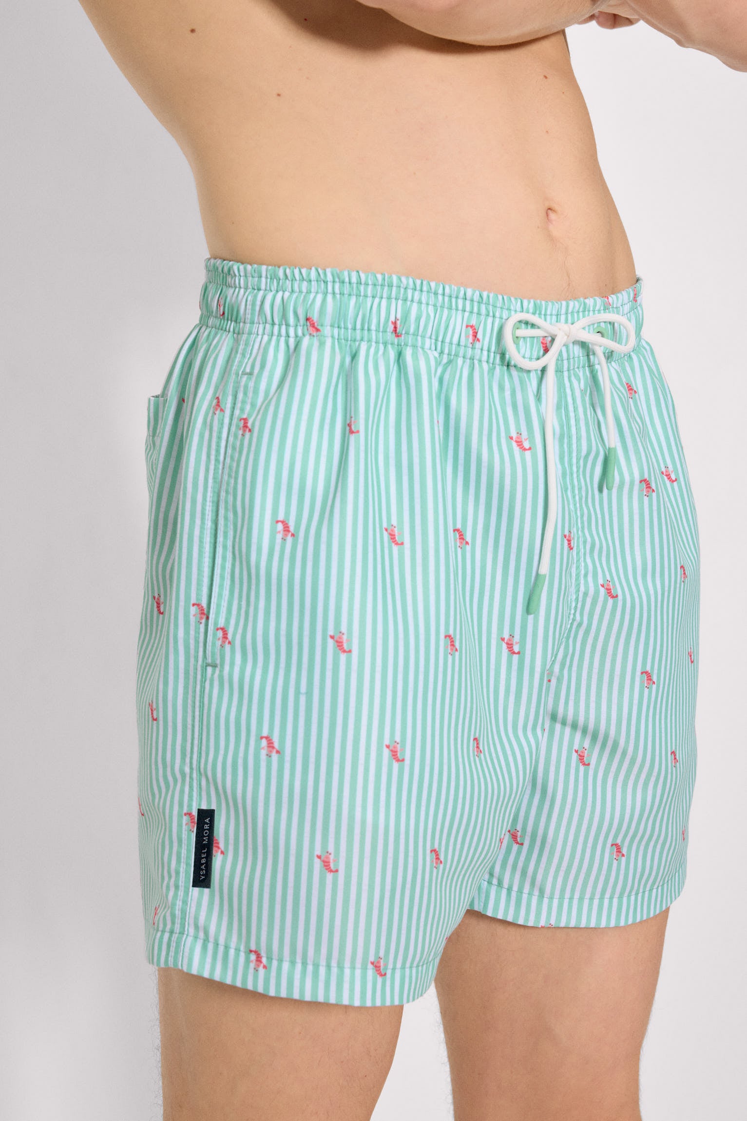 Green half-length swimsuit with striped print and mini lobsters