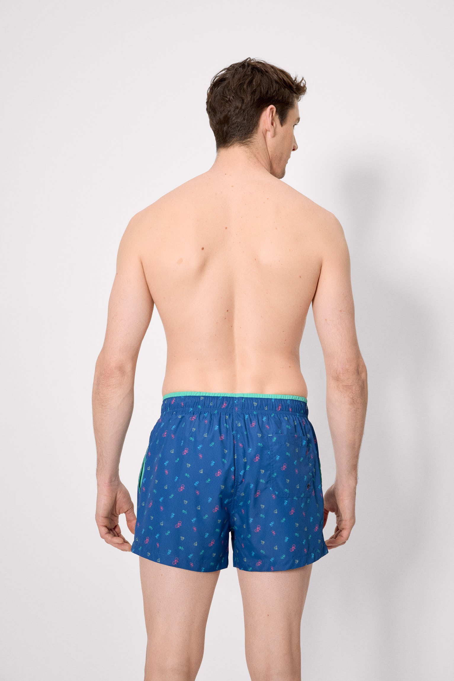 Blue bicycle print swim trunks