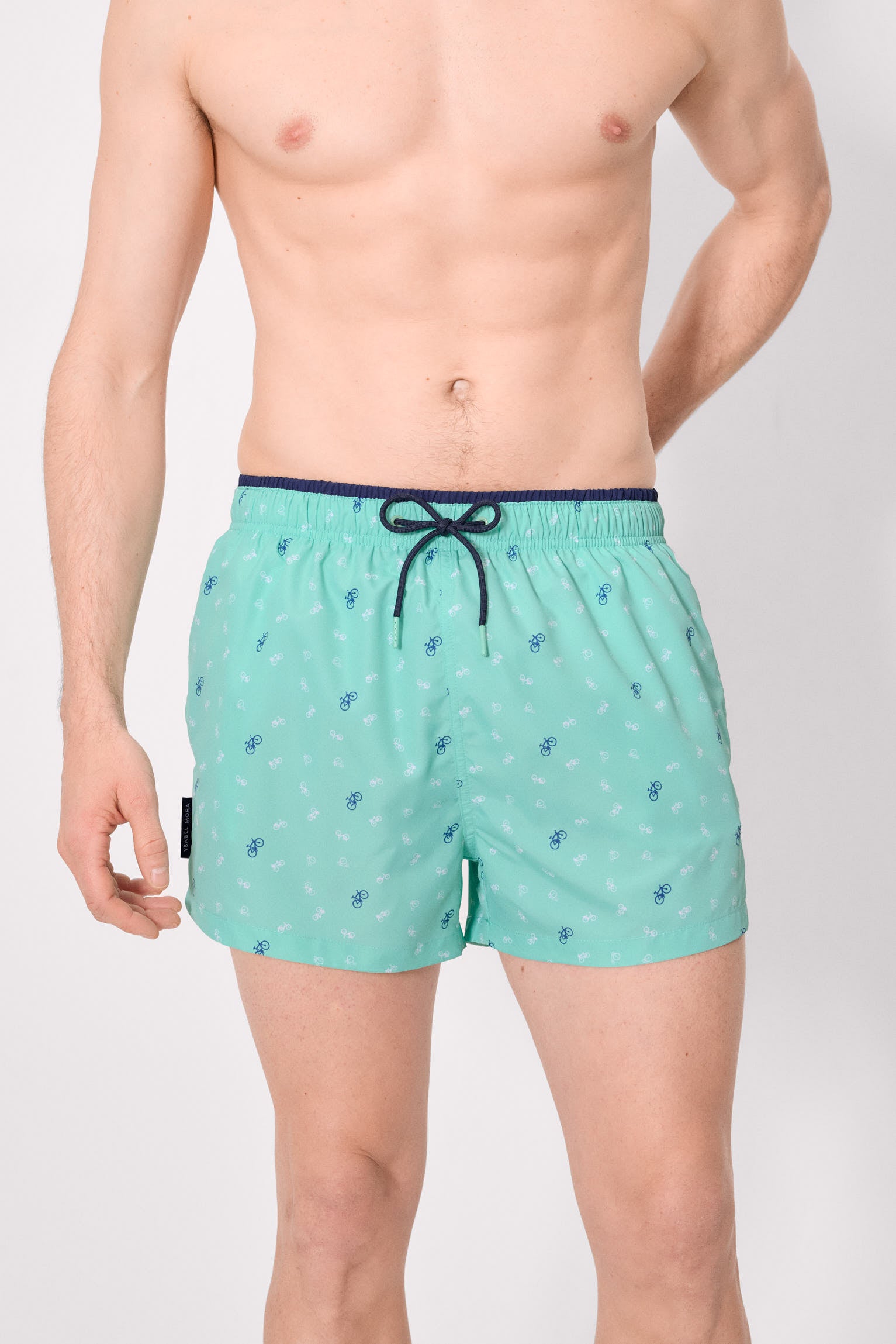 Green bicycle print swim trunks
