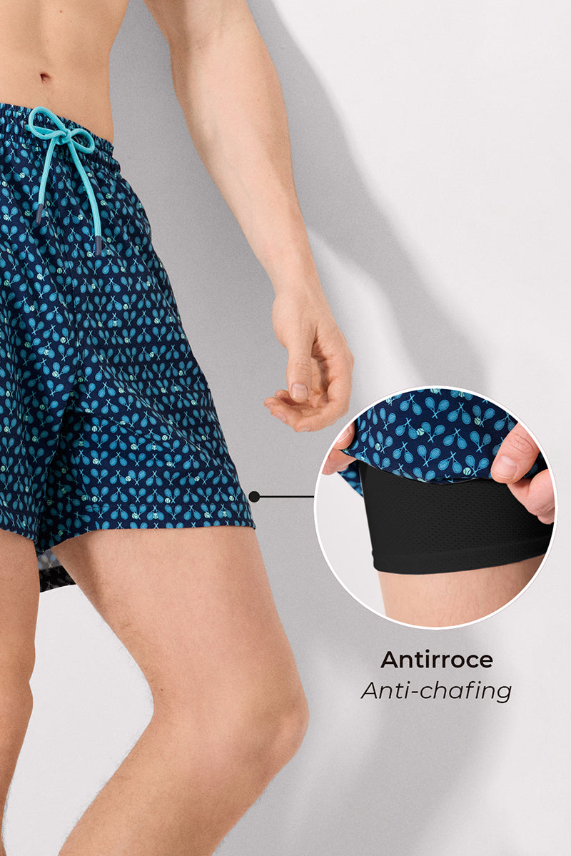 Half swimsuit with anti-chafing mesh lining and tennis racket print