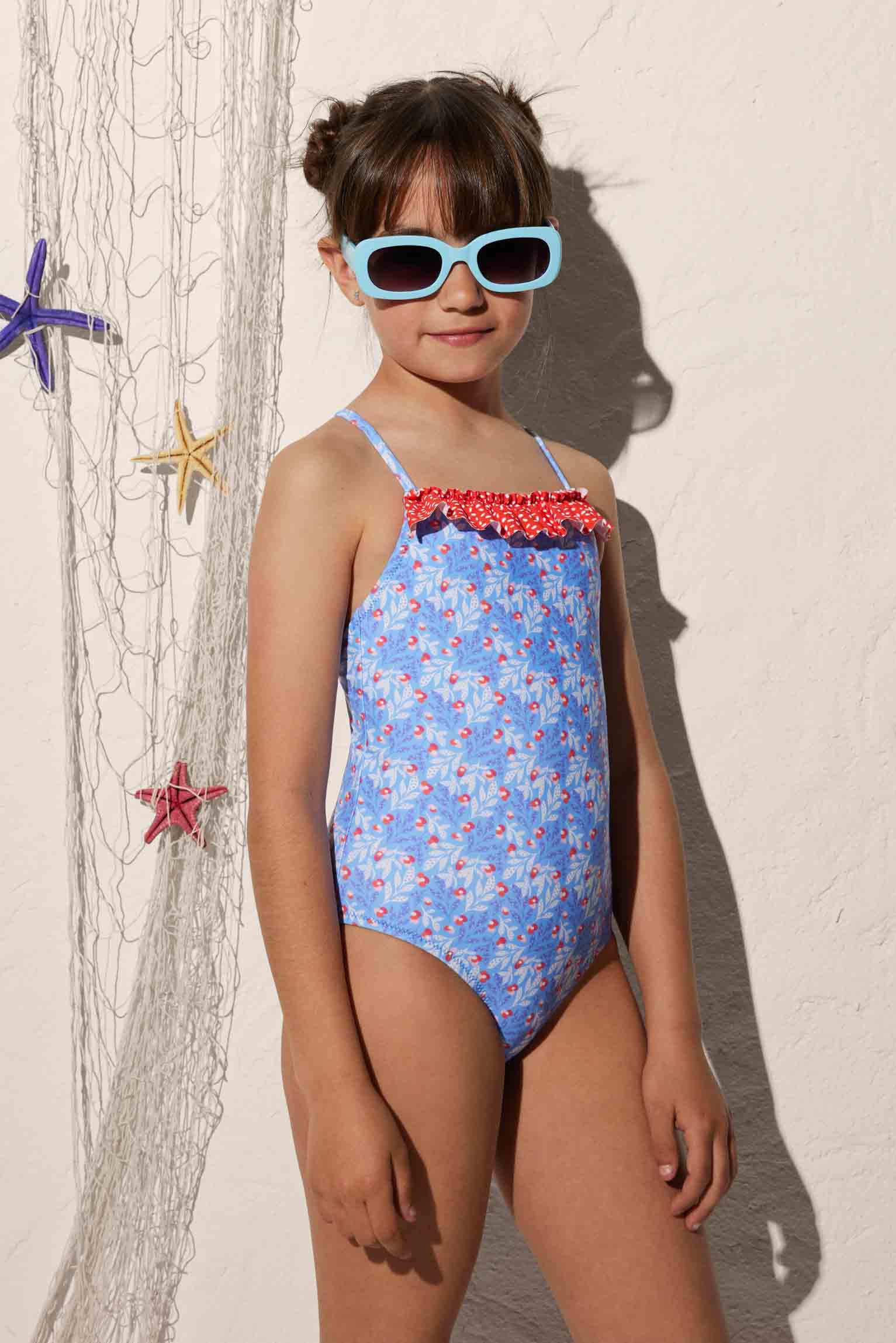 Girl's printed swimsuit with ruffle detail