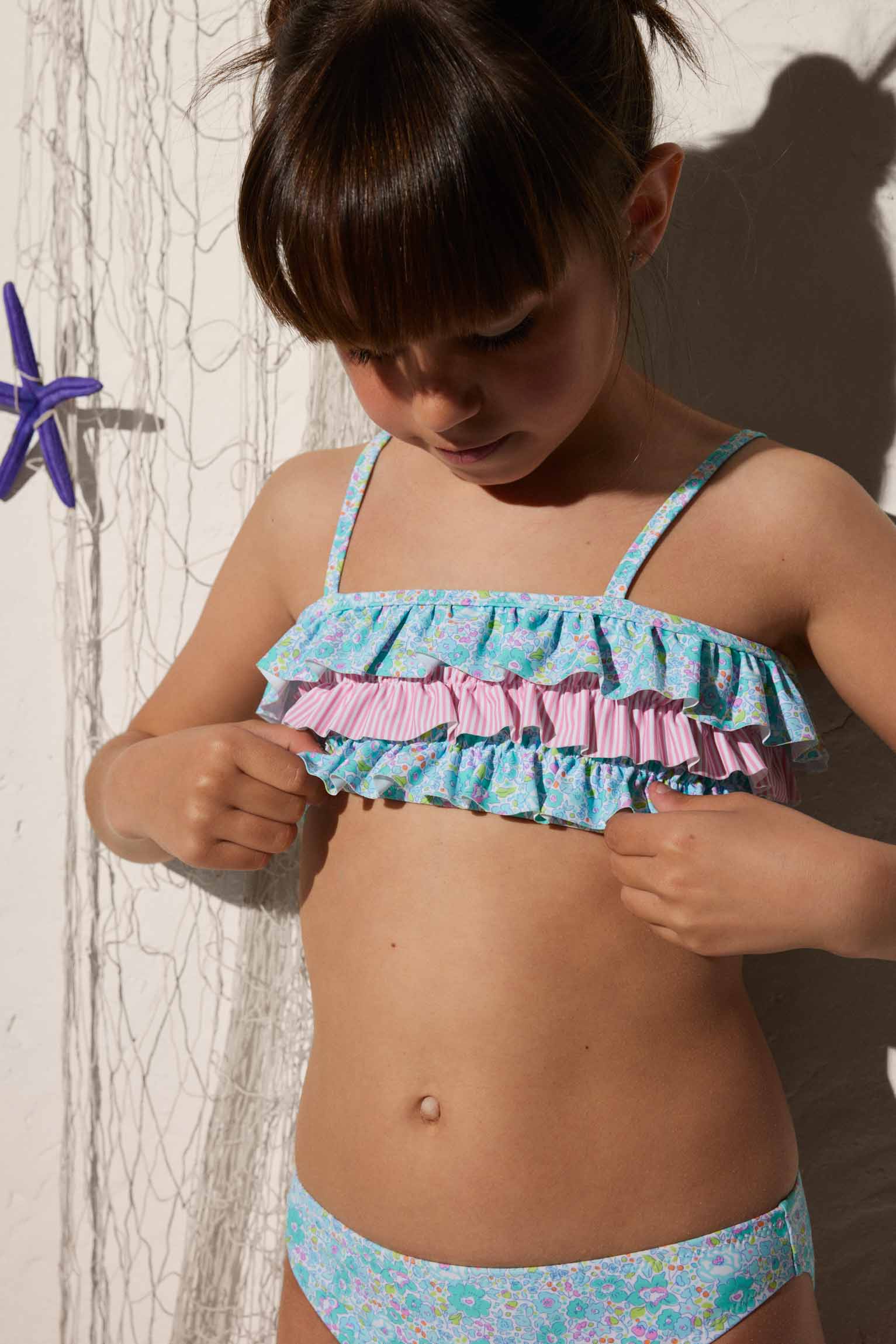 Girl's bikini top with ruffles and flower panties