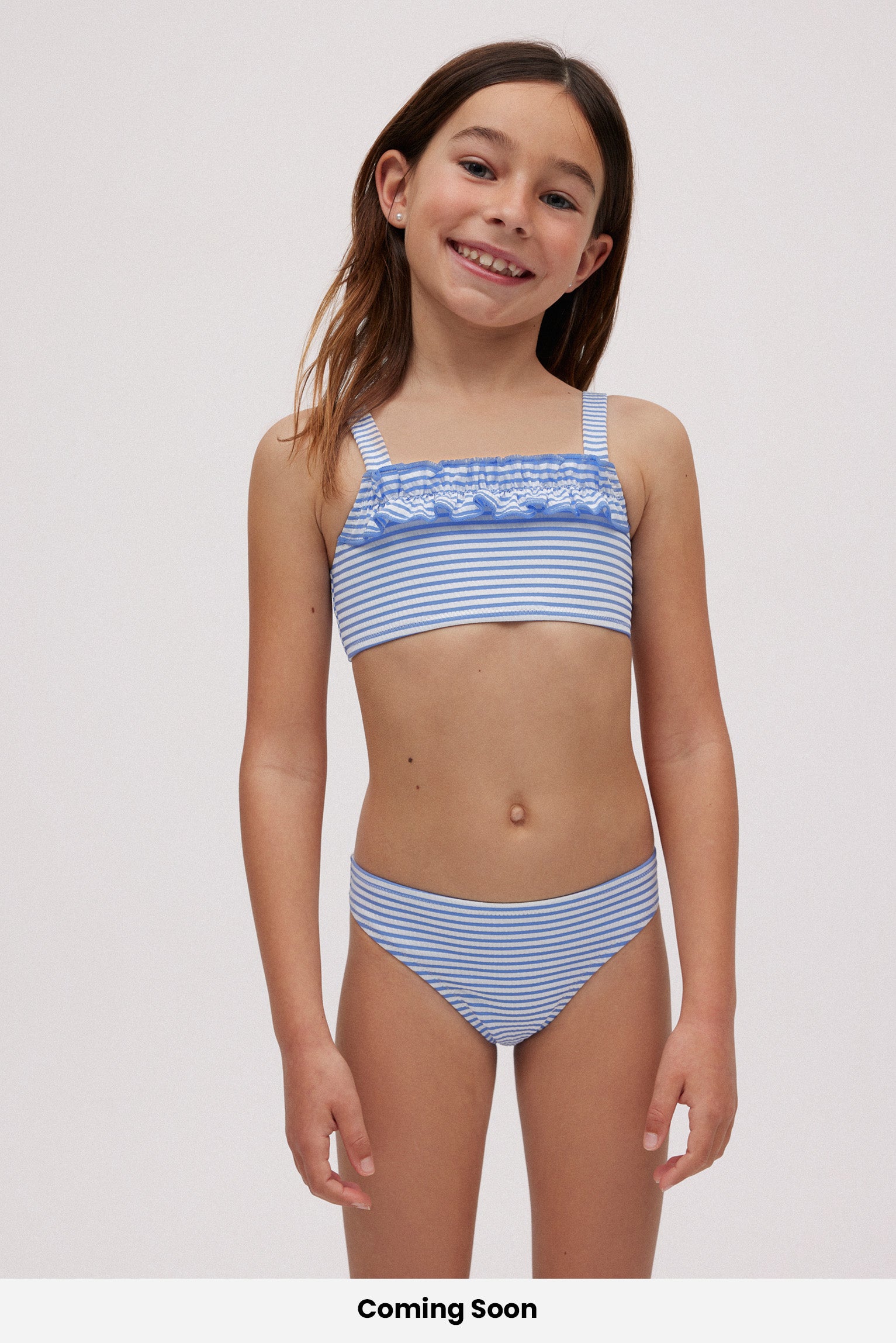 Girl's bikini set with blue striped print and texture