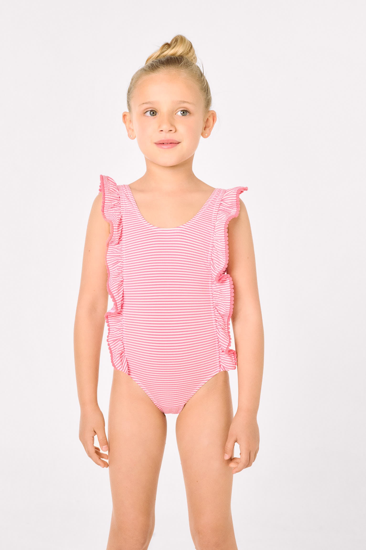 Girls' swimsuit with ruffled striped print