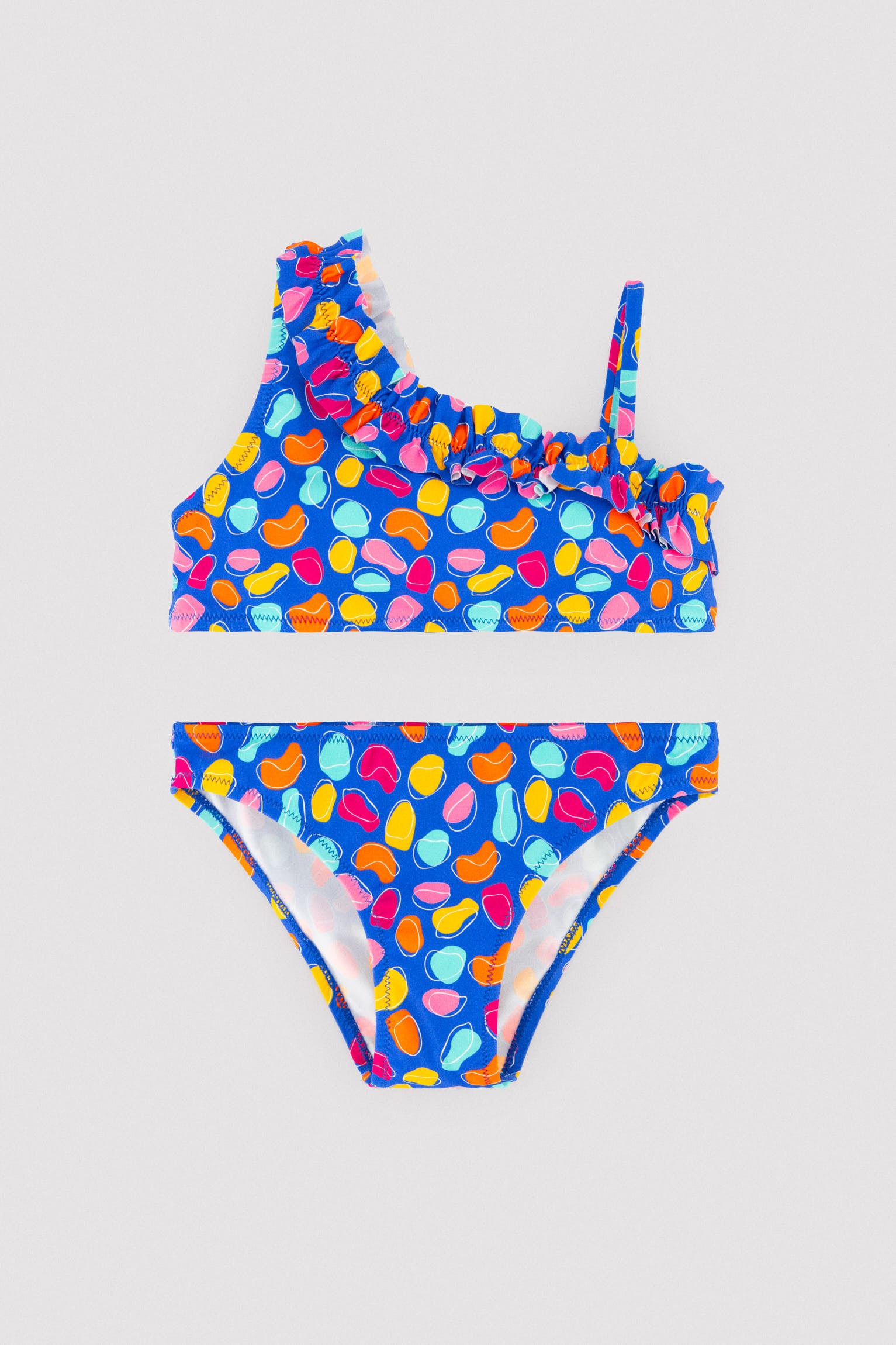 Girls' bikini with ruched detail and multicolored organic shapes print