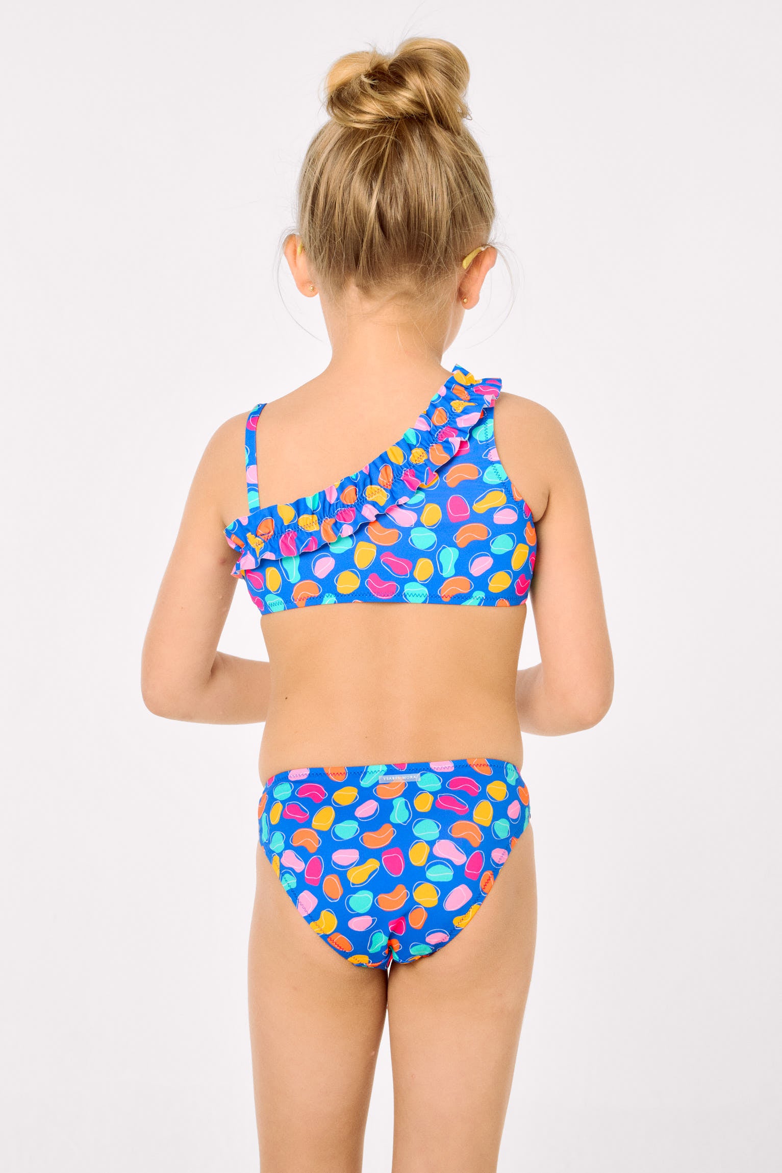 Girls' bikini with ruched detail and multicolored organic shapes print