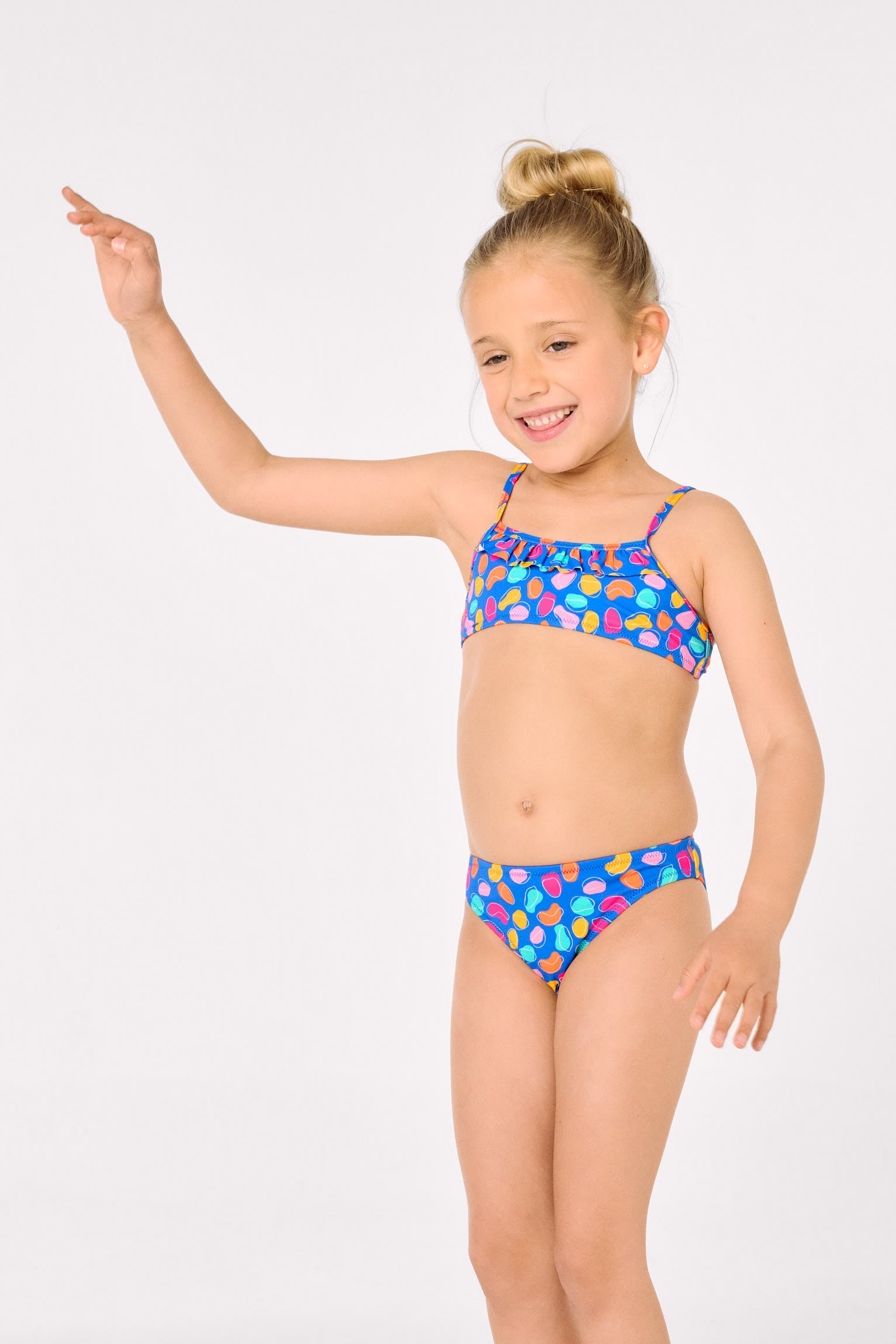 Girls' bikini with ruffle detail, multicolored organic shapes print