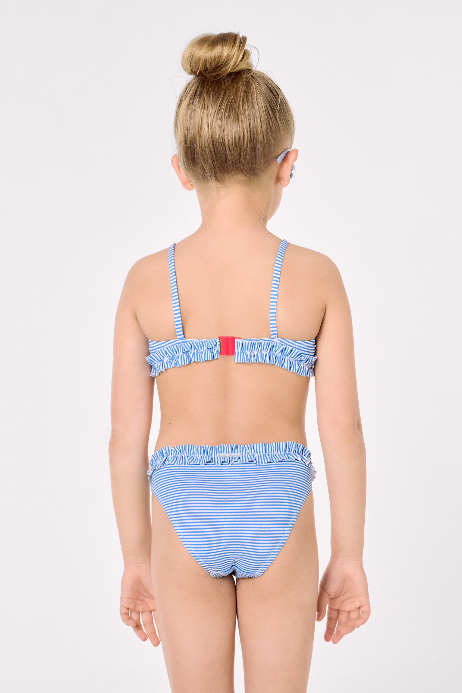 Girls' bikini with bow detail and ruching, striped print